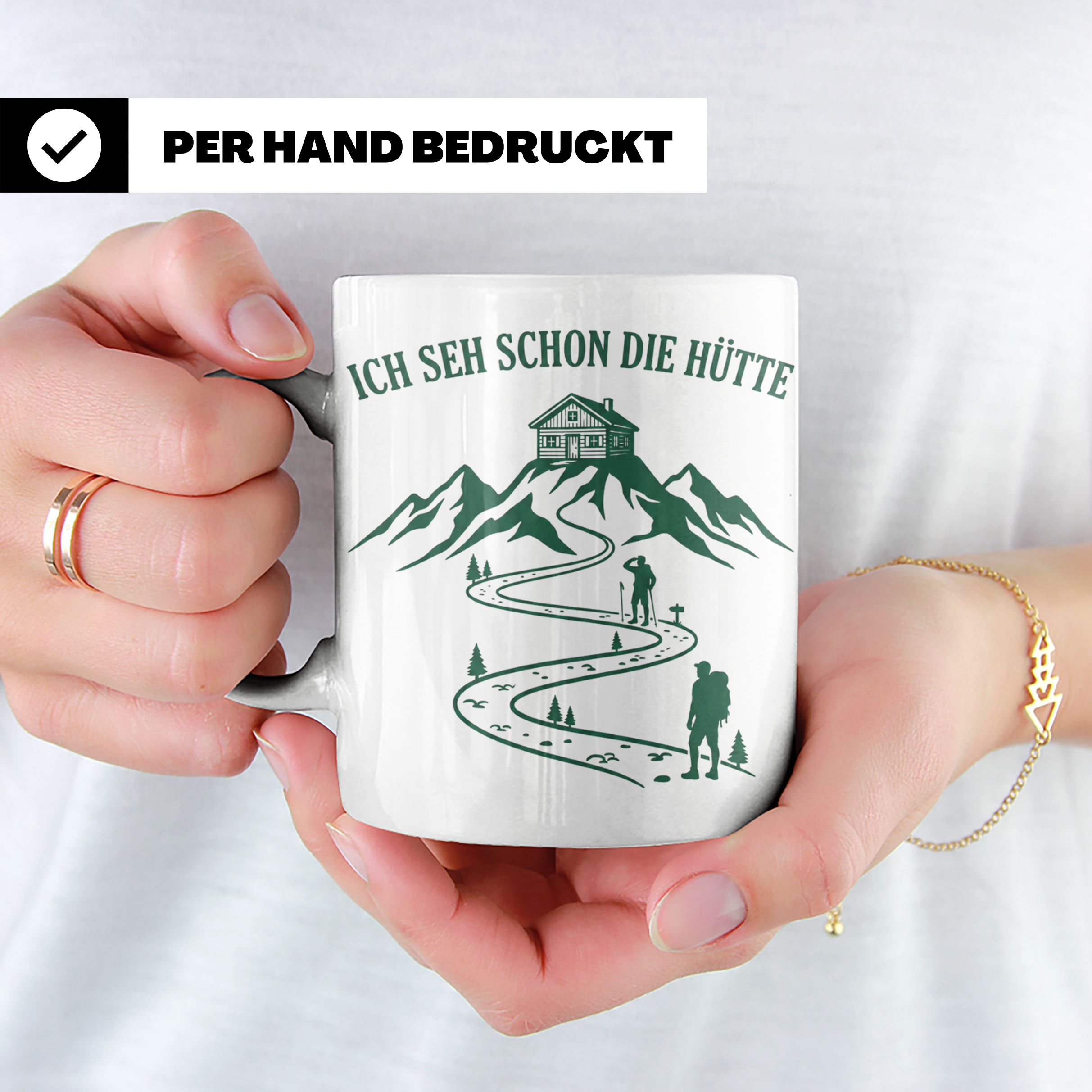 Wandertasse mit Spruch Ich seh schon die Hütte | Geschenk fü – Weiß [farbe:weiß]