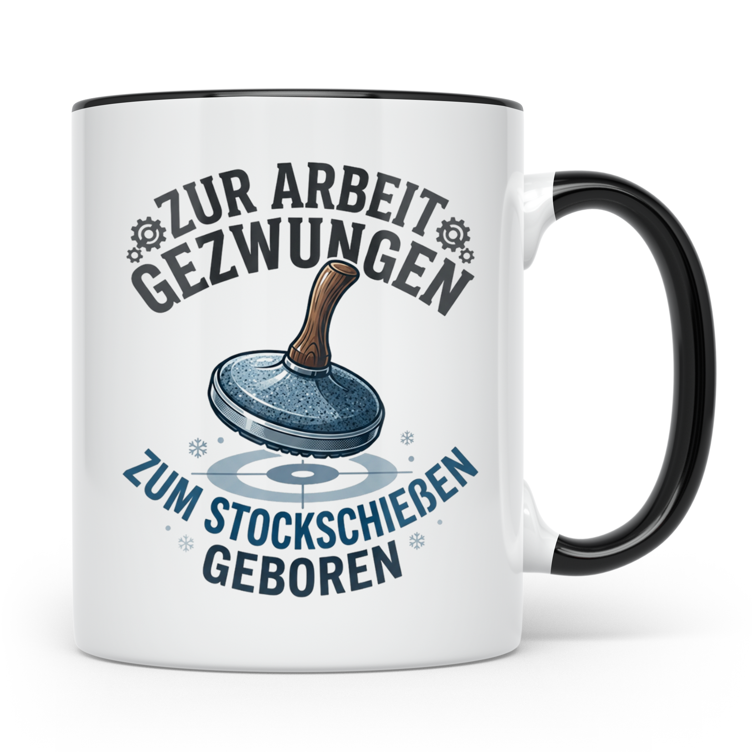 Stockschießen Tasse mit Spruch Zur Arbeit gezwungen zum Stoc – Schwarz [farbe:schwarz]