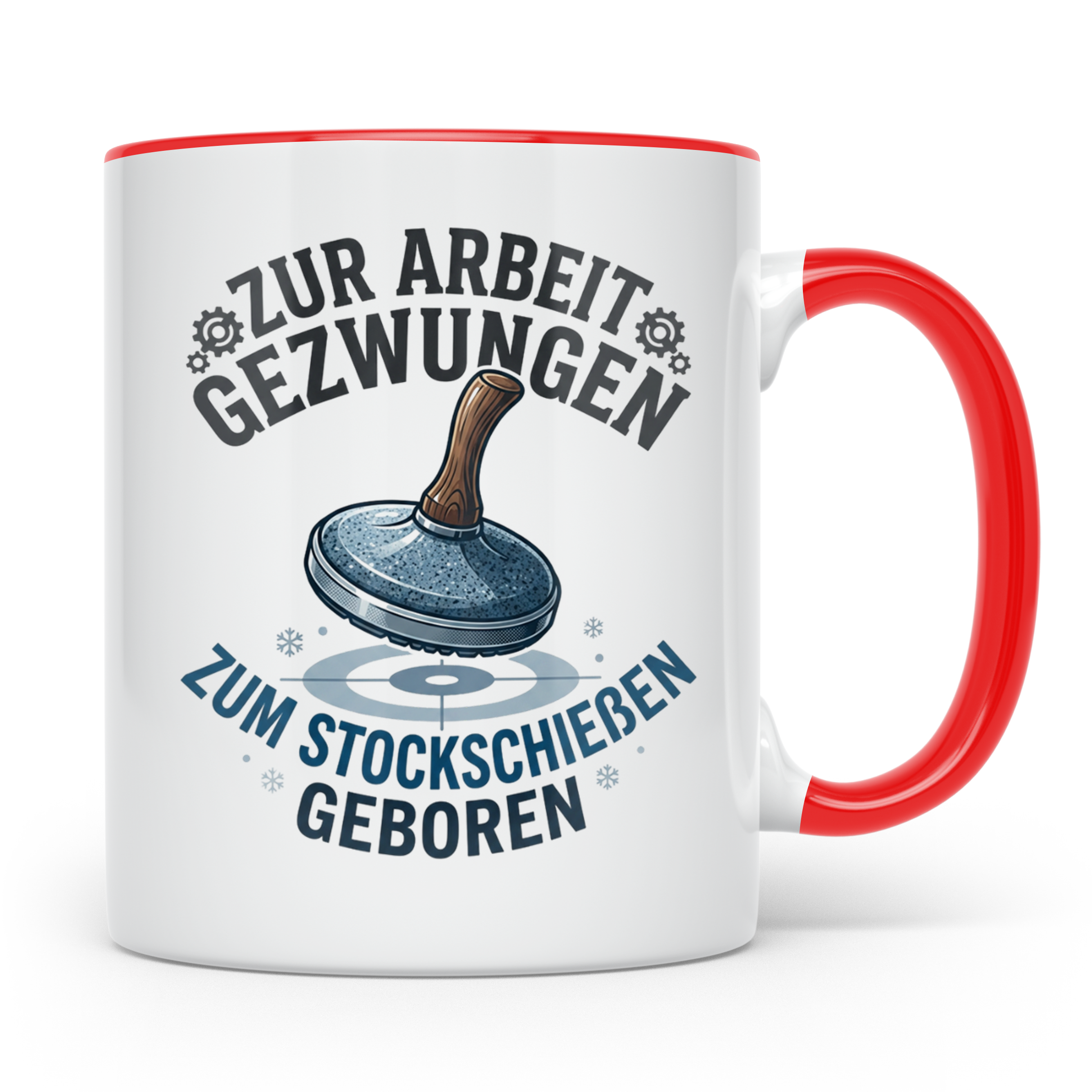Stockschießen Tasse mit Spruch Zur Arbeit gezwungen zum Stoc – Rot [farbe:rot]