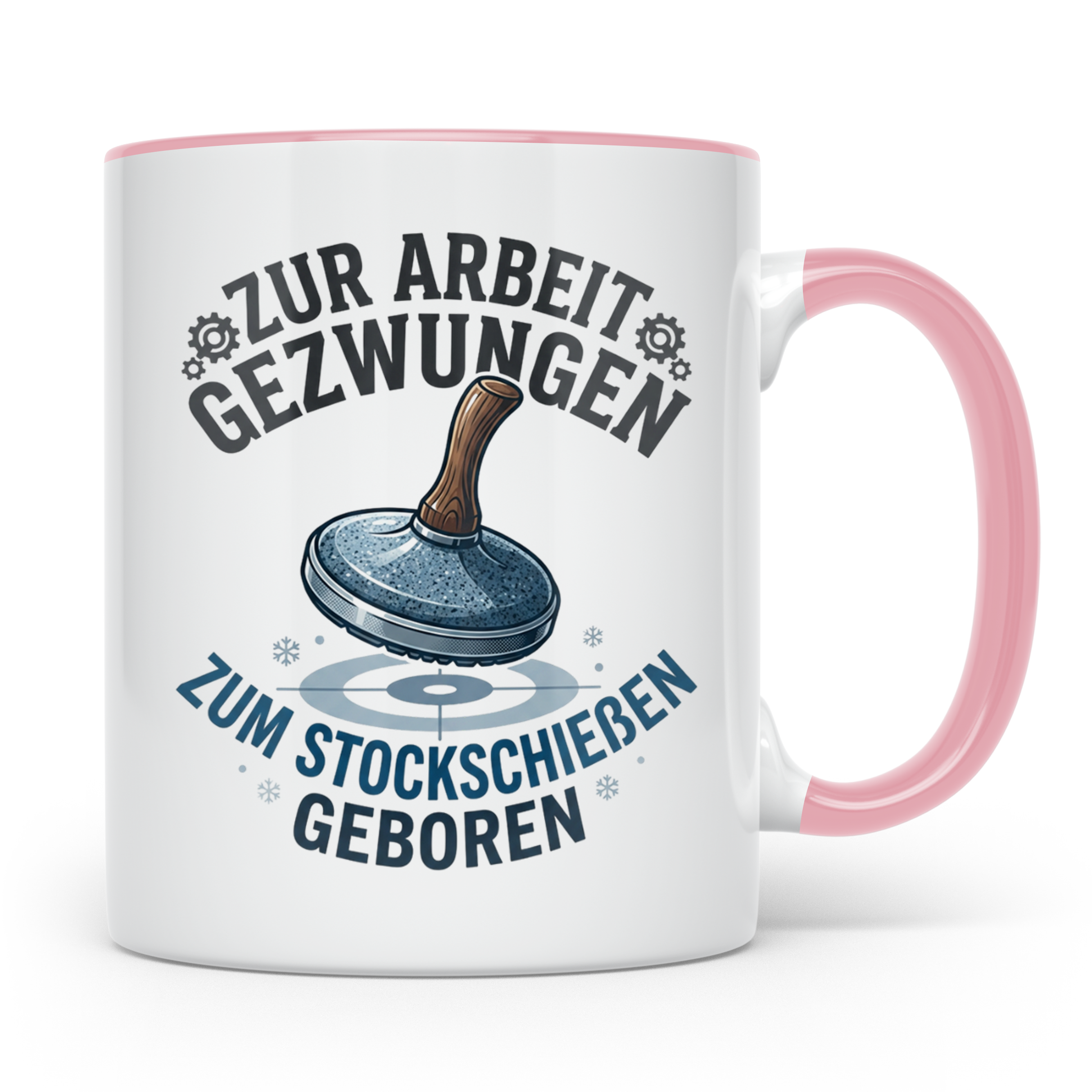 Stockschießen Tasse mit Spruch Zur Arbeit gezwungen zum Stoc – Rosa [farbe:rosa]