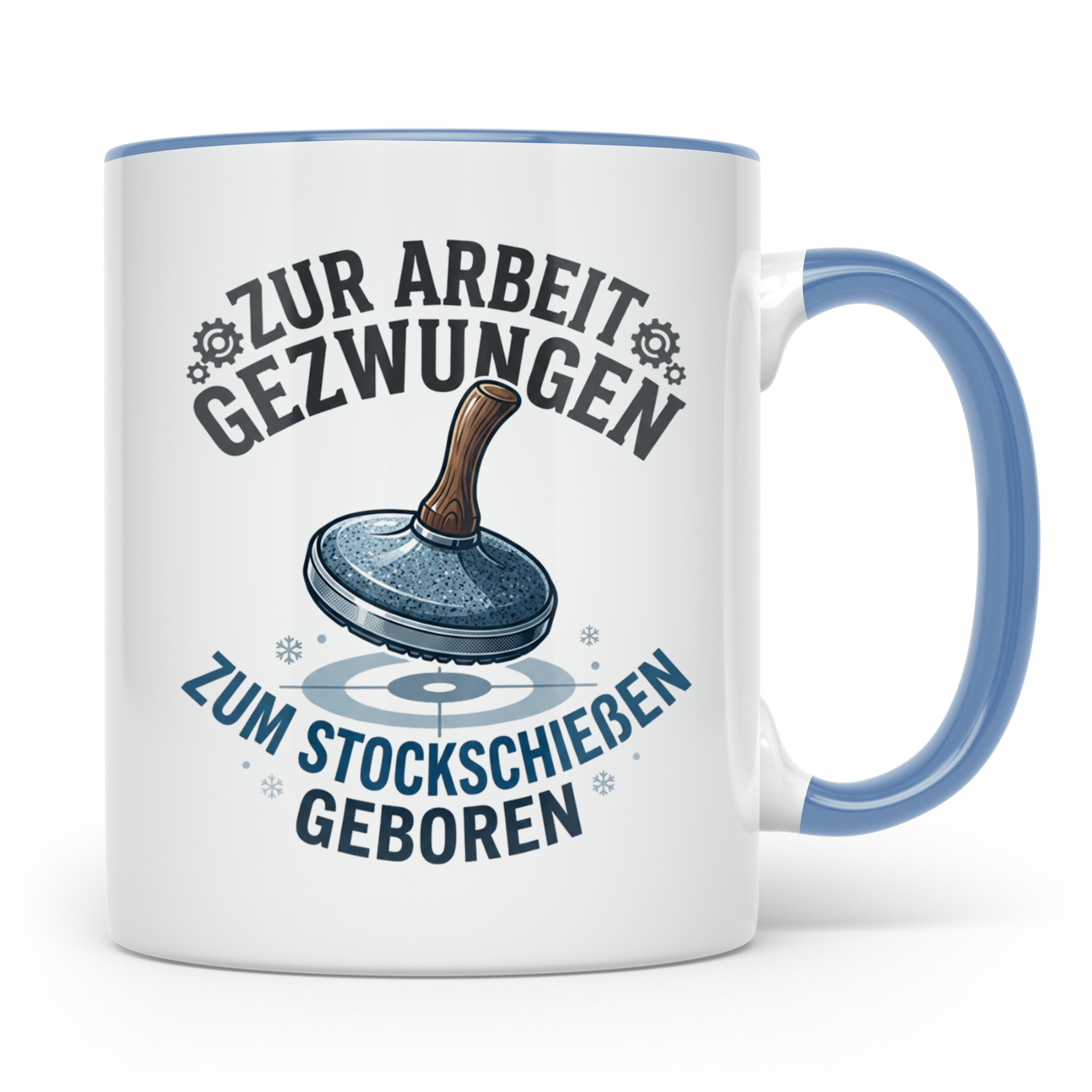 Stockschießen Tasse mit Spruch Zur Arbeit gezwungen zum Stoc – Blau [farbe:blau]
