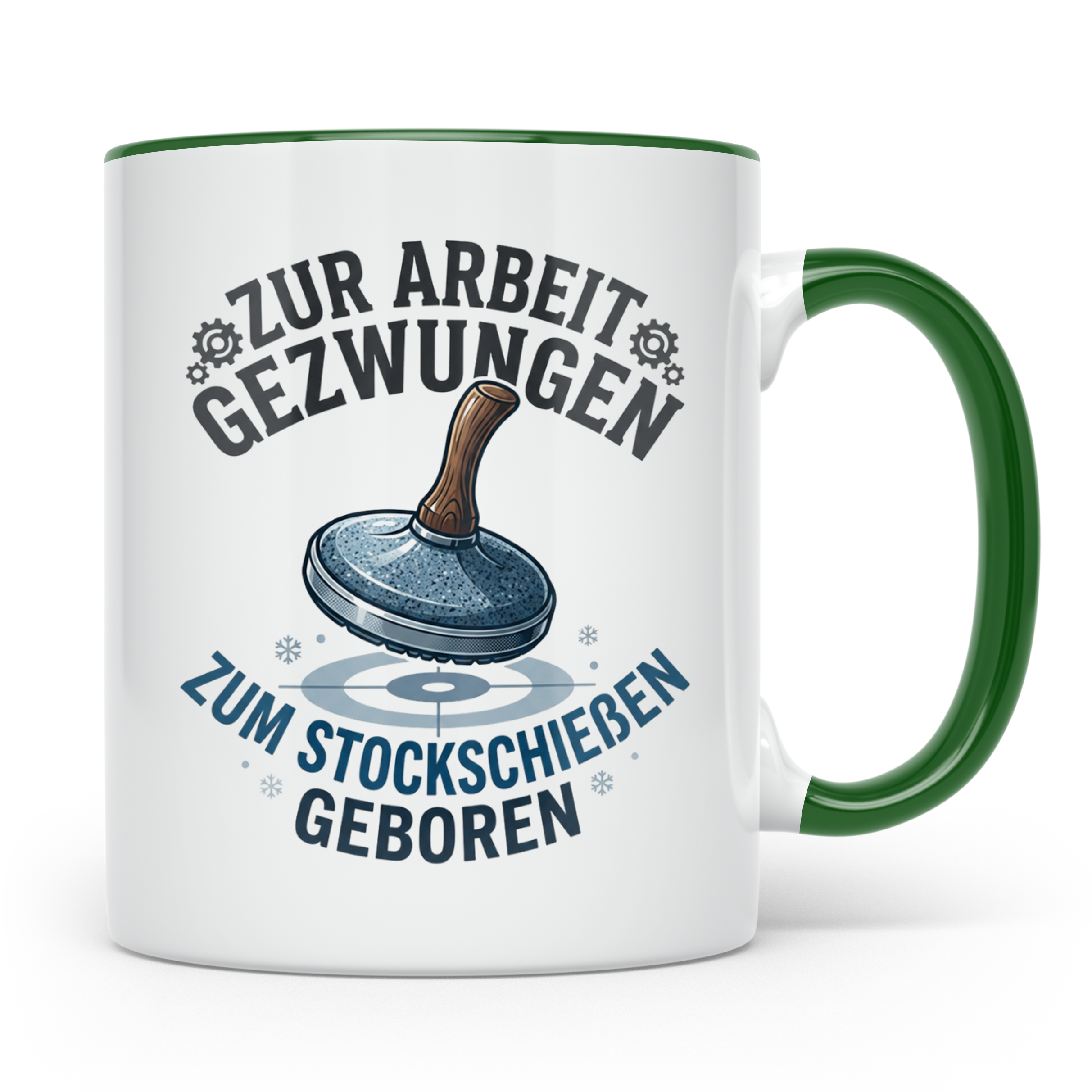 Stockschießen Tasse mit Spruch Zur Arbeit gezwungen zum Stoc – Grün [farbe:grün]
