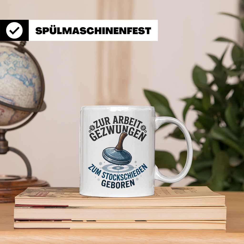 Stockschießen Tasse mit Spruch Zur Arbeit gezwungen zum Stoc – Weiß [farbe:weiß]