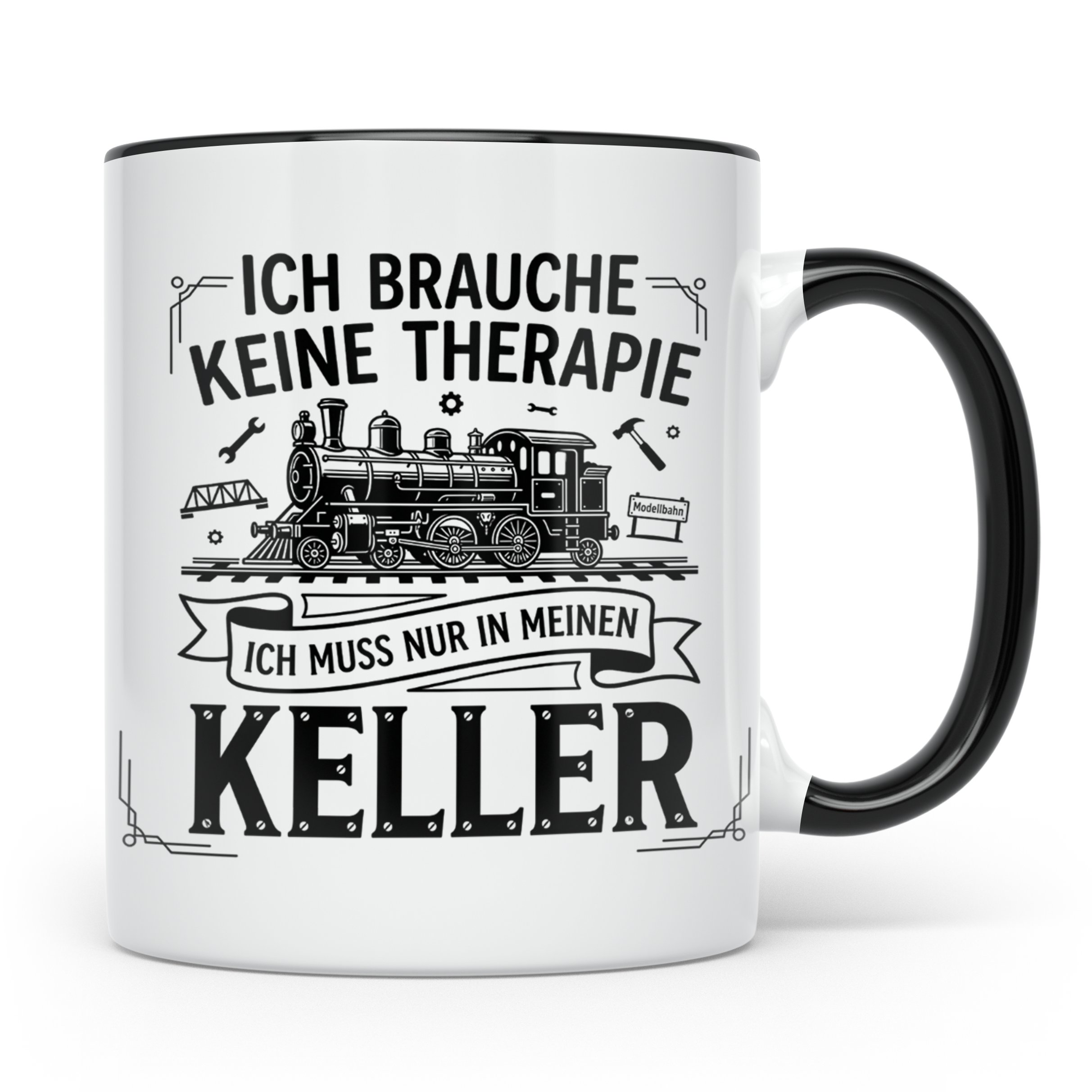 Modellbahn Tasse mit Spruch Ich brauche keine Therapie nur K – Schwarz [farbe:schwarz]