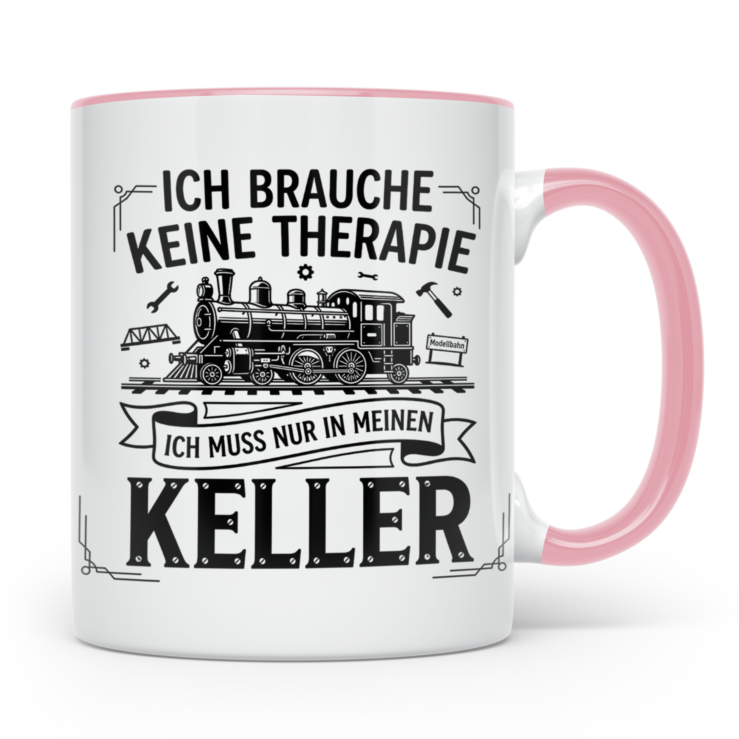 Modellbahn Tasse mit Spruch Ich brauche keine Therapie nur K – Rosa [farbe:rosa]
