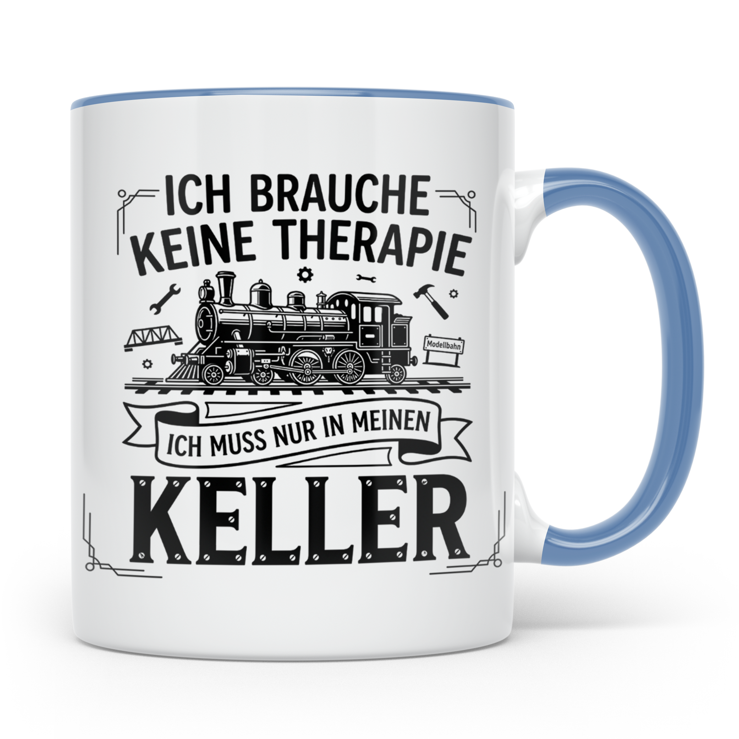 Modellbahn Tasse mit Spruch Ich brauche keine Therapie nur K – Blau [farbe:blau]