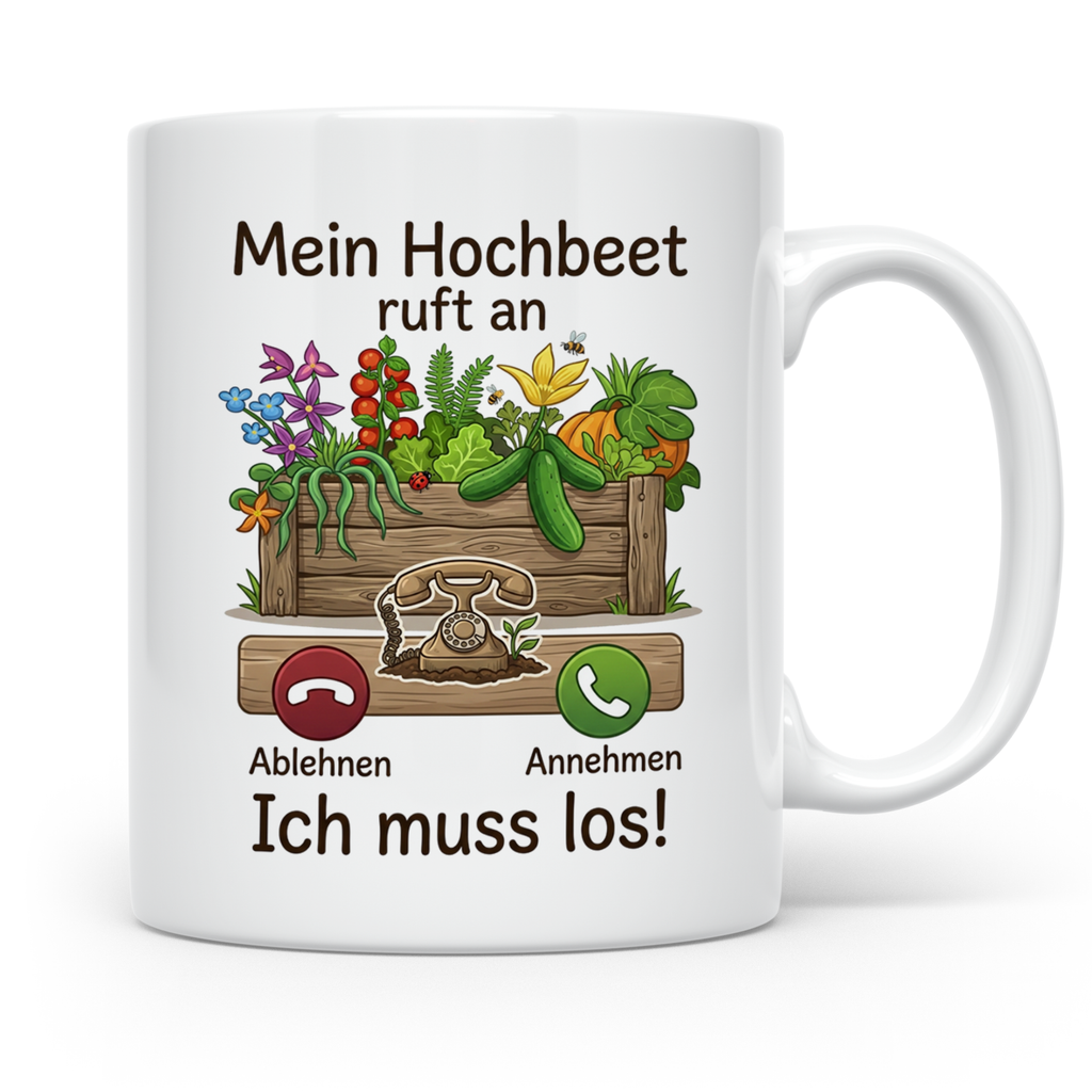 Hochbeet Tasse mit Spruch 'Mein Hochbeet ruft an' | Lustiges – Weiß [farbe:weiß]