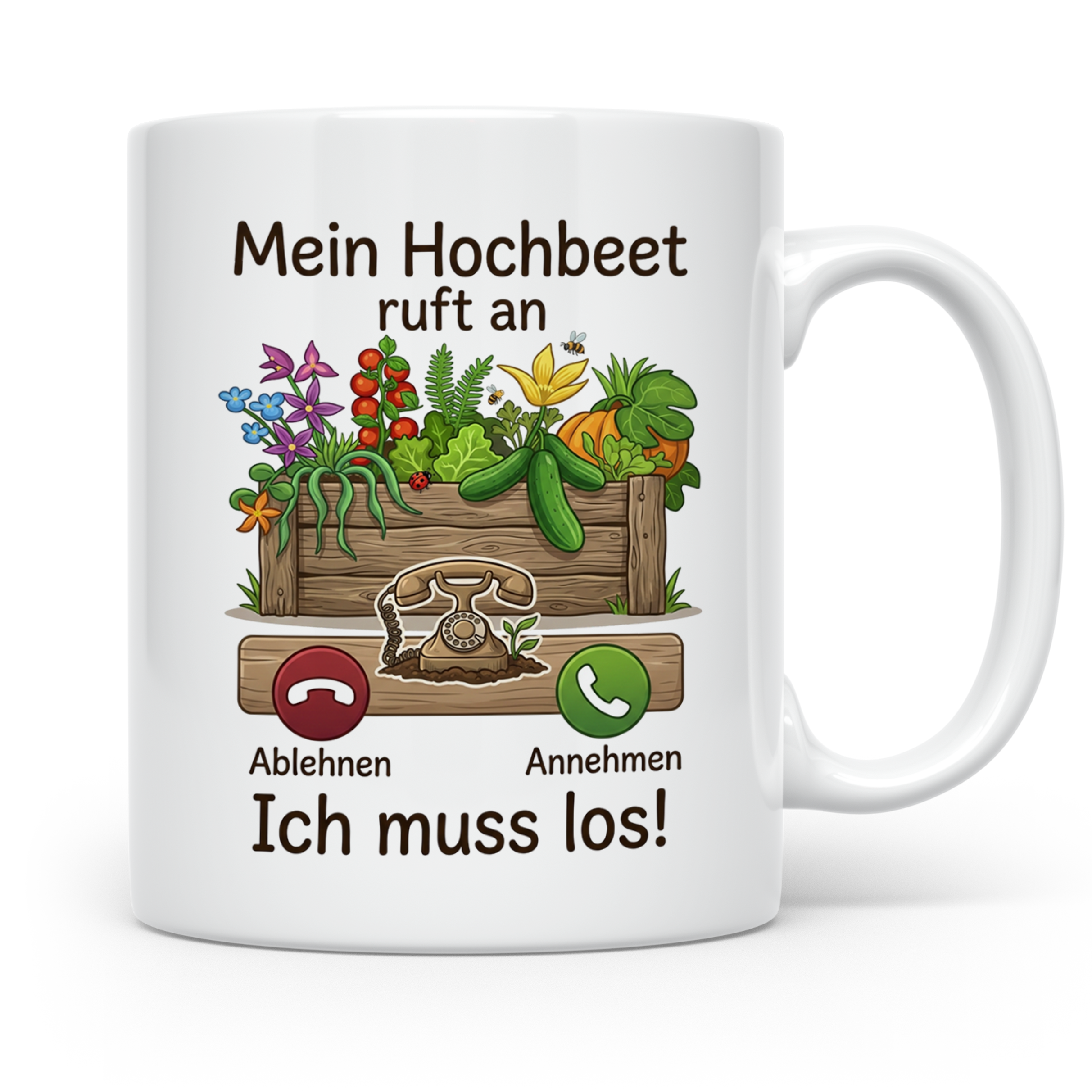 Hochbeet Tasse mit Spruch 'Mein Hochbeet ruft an' | Lustiges – Weiß [farbe:weiß]