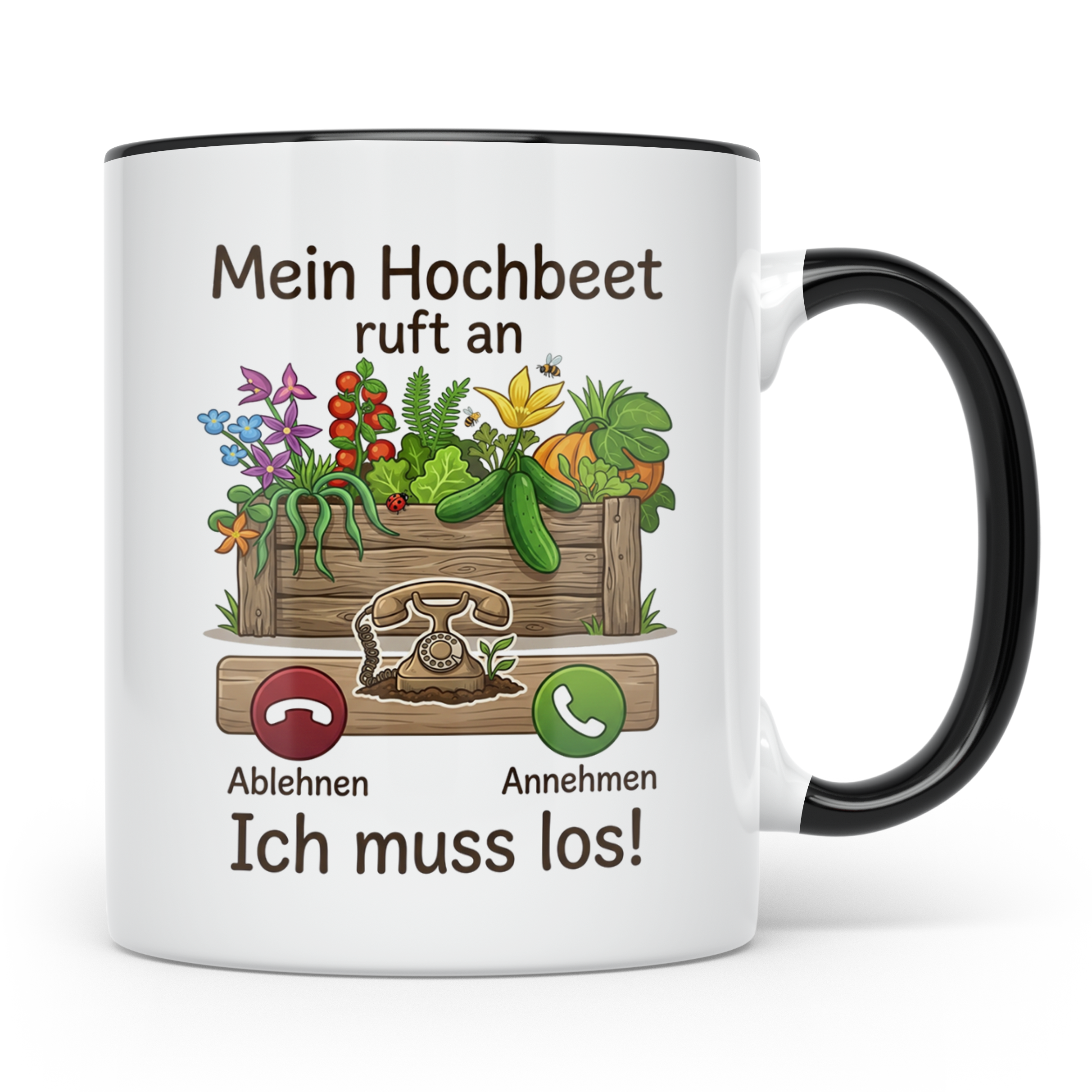 Hochbeet Tasse mit Spruch 'Mein Hochbeet ruft an' | Lustiges – Schwarz [farbe:schwarz]