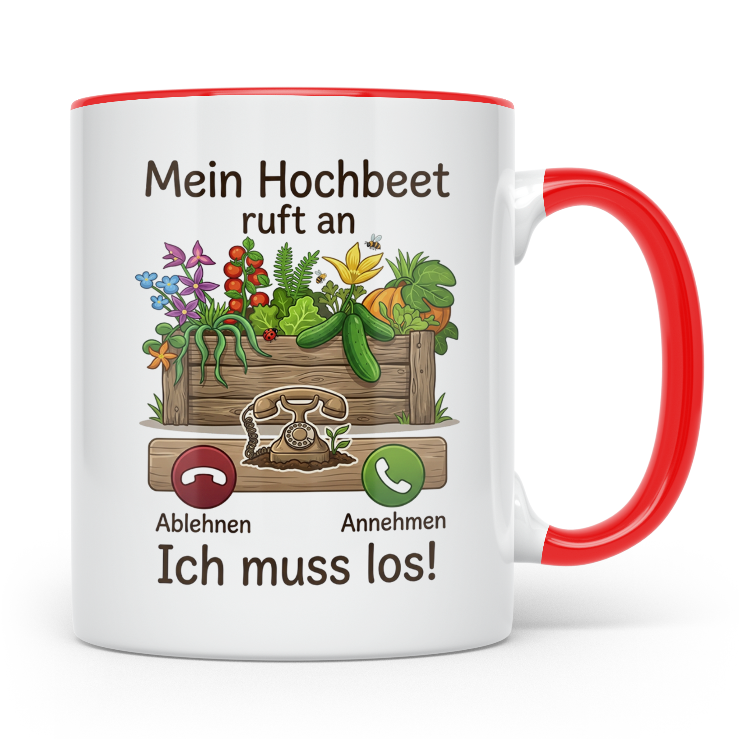 Hochbeet Tasse mit Spruch 'Mein Hochbeet ruft an' | Lustiges – Rot [farbe:rot]