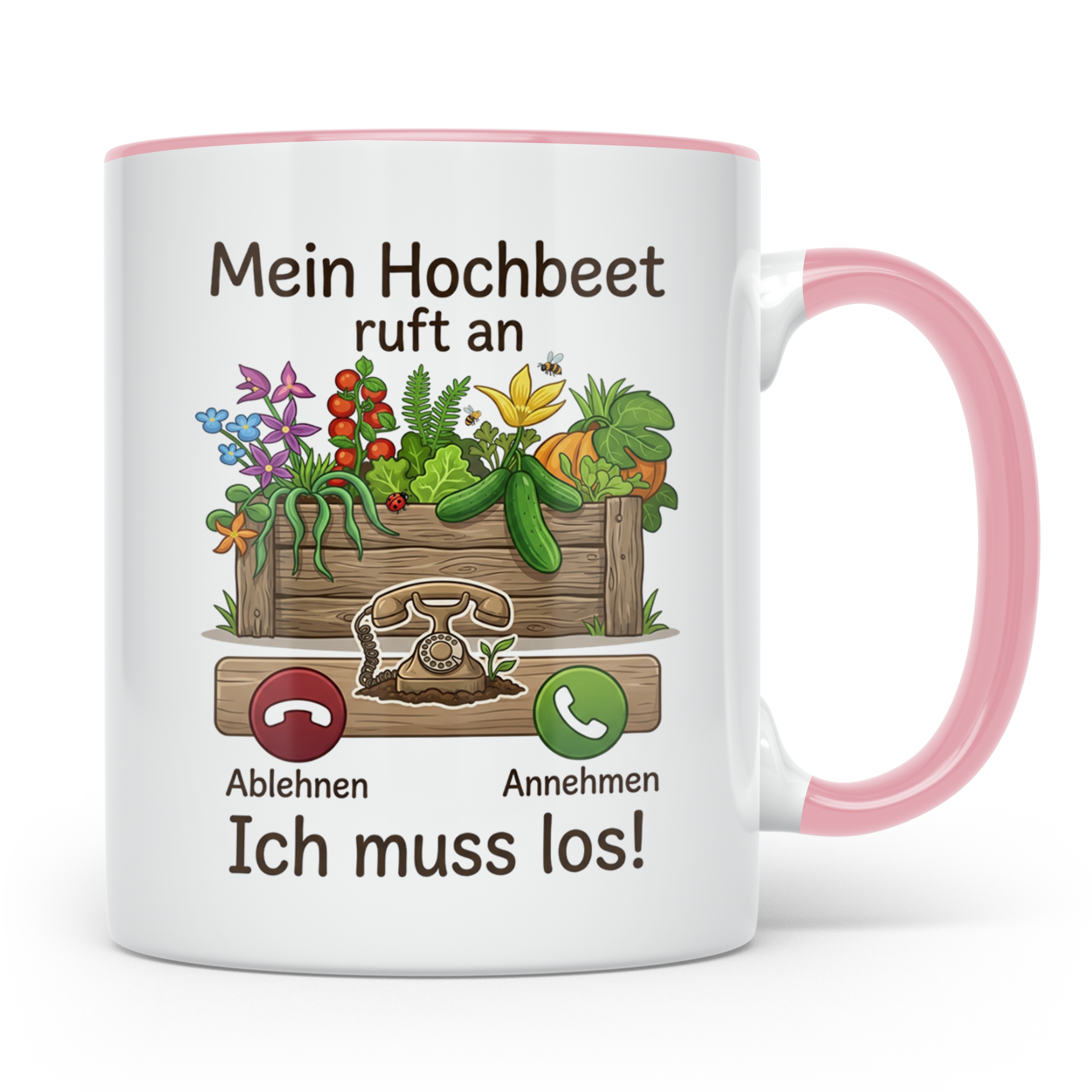 Hochbeet Tasse mit Spruch 'Mein Hochbeet ruft an' | Lustiges – Rosa [farbe:rosa]