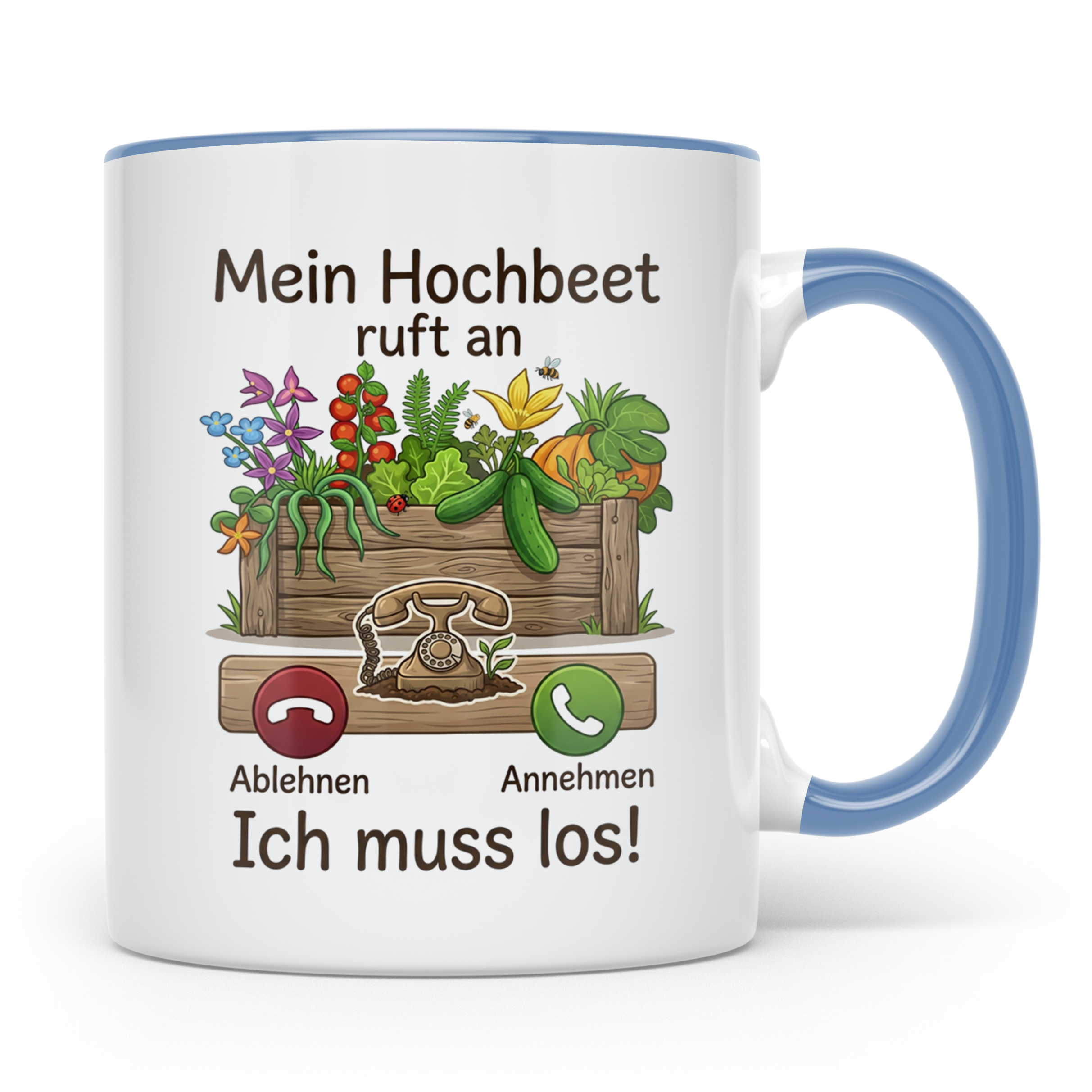 Hochbeet Tasse mit Spruch 'Mein Hochbeet ruft an' | Lustiges – Blau [farbe:blau]