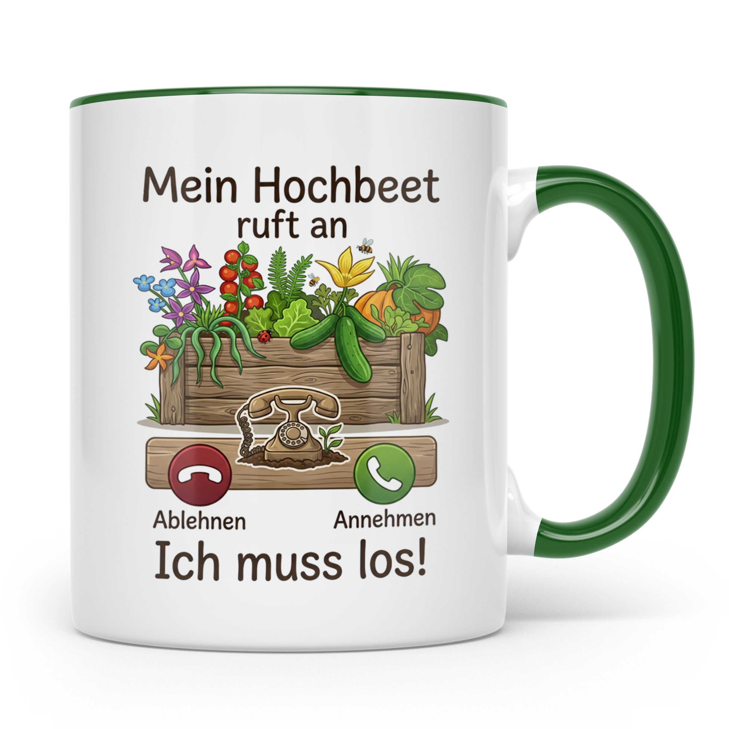 Hochbeet Tasse mit Spruch 'Mein Hochbeet ruft an' | Lustiges – Grün [farbe:grün]