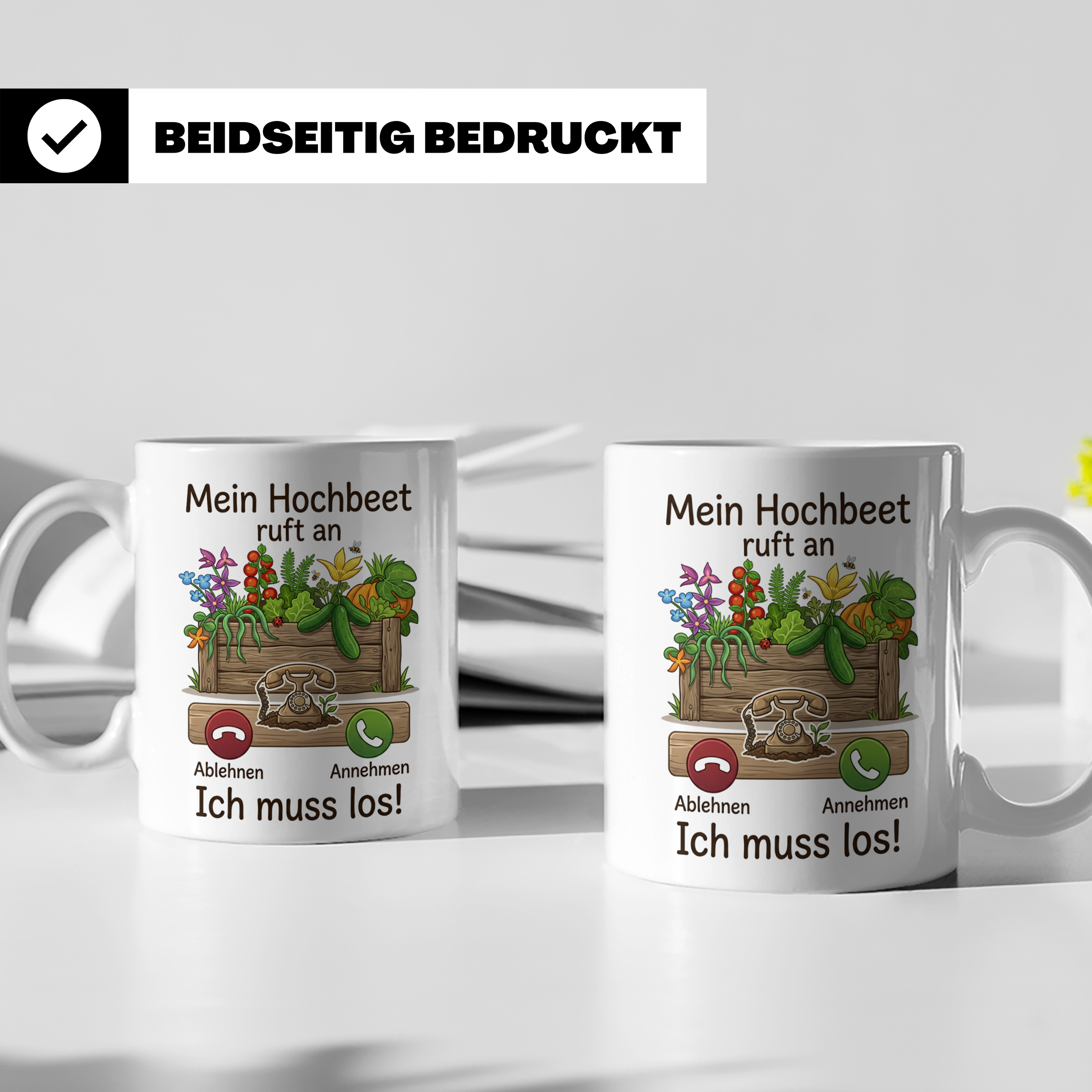 Hochbeet Tasse mit Spruch 'Mein Hochbeet ruft an' | Lustiges – Weiß [farbe:weiß]