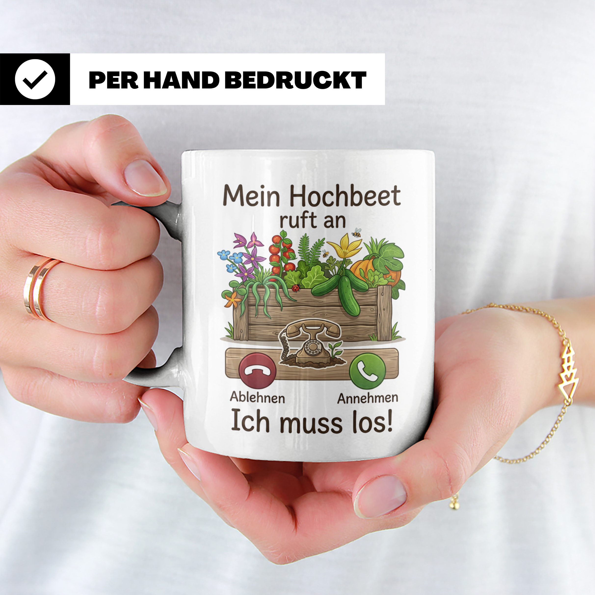 Hochbeet Tasse mit Spruch 'Mein Hochbeet ruft an' | Lustiges – Weiß [farbe:weiß]