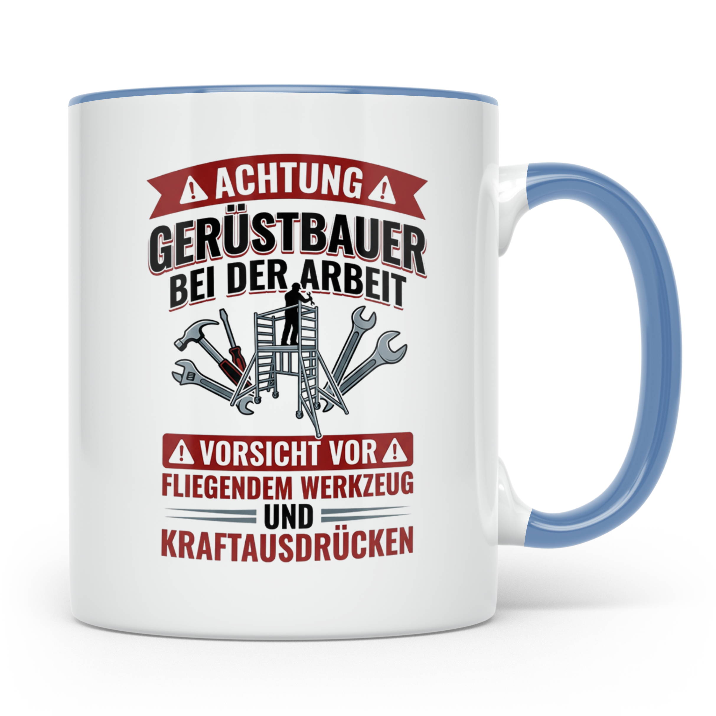 Gerüstbauer Tasse mit Spruch Vorsicht fliegendes Werkzeug |  – Blau [farbe:blau]