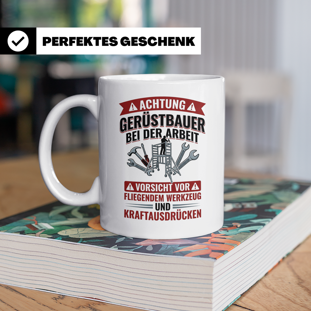 Gerüstbauer Tasse mit Spruch Vorsicht fliegendes Werkzeug |  – Weiß [farbe:weiß]