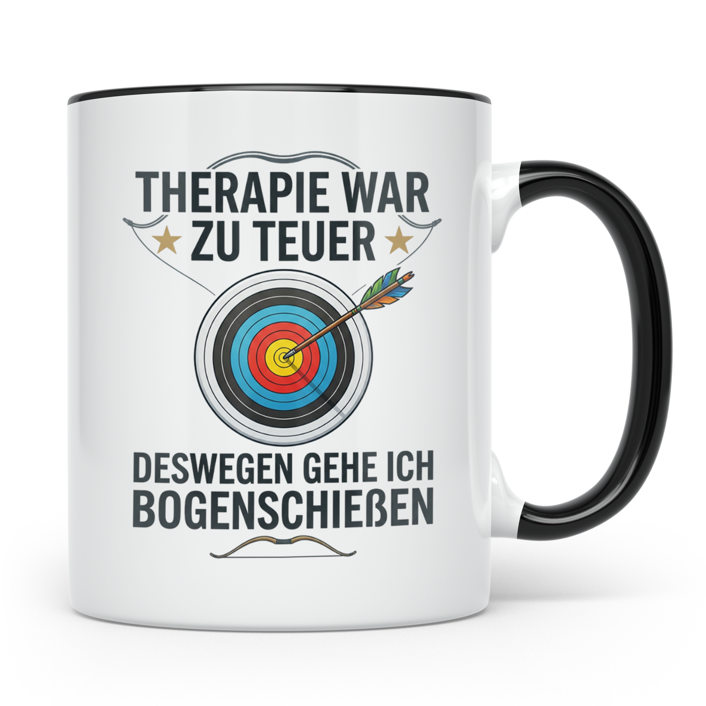 Bogenschießen Tasse mit Spruch Therapie war zu teuer | Lusti – Schwarz [farbe:schwarz]