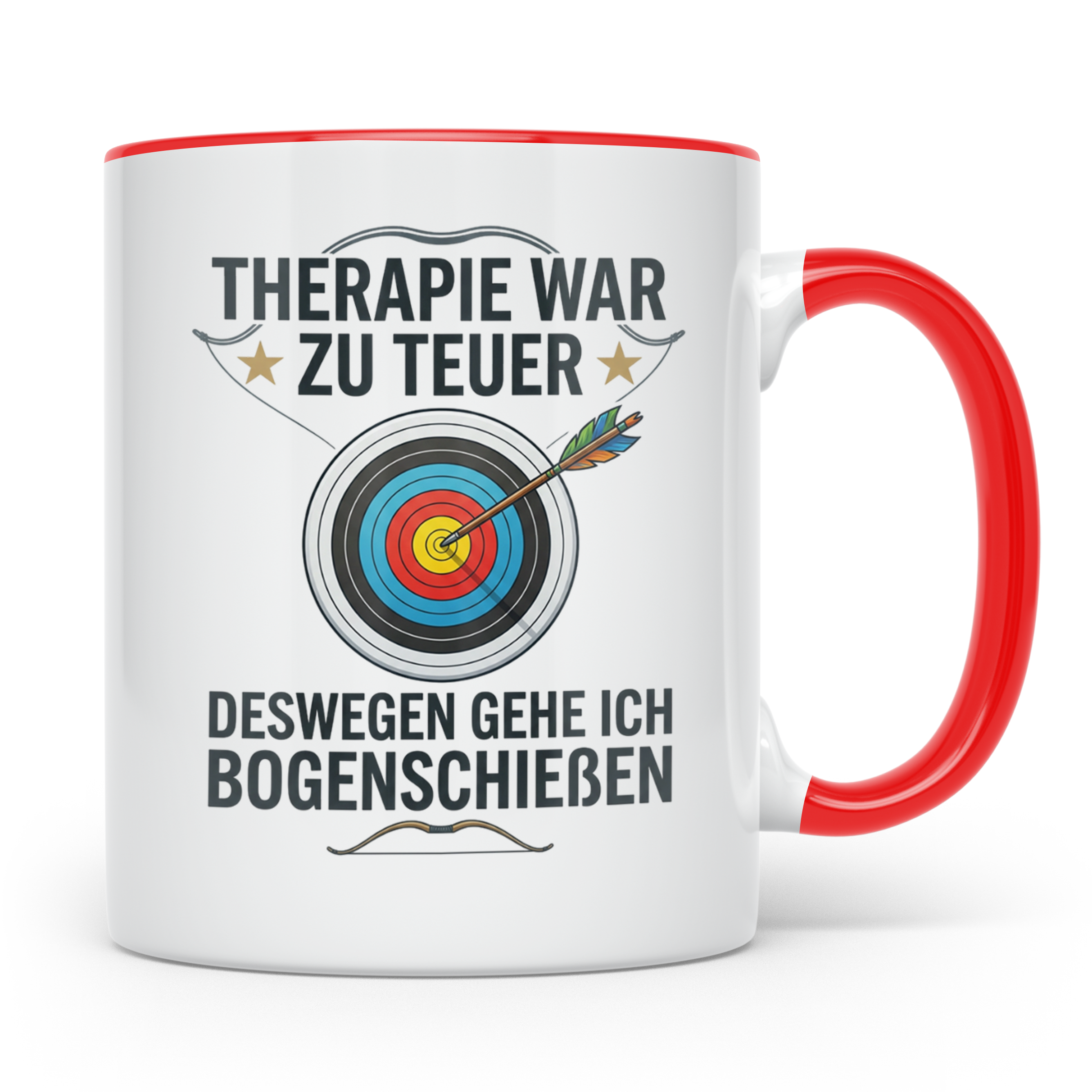 Bogenschießen Tasse mit Spruch Therapie war zu teuer | Lusti – Rot [farbe:rot]