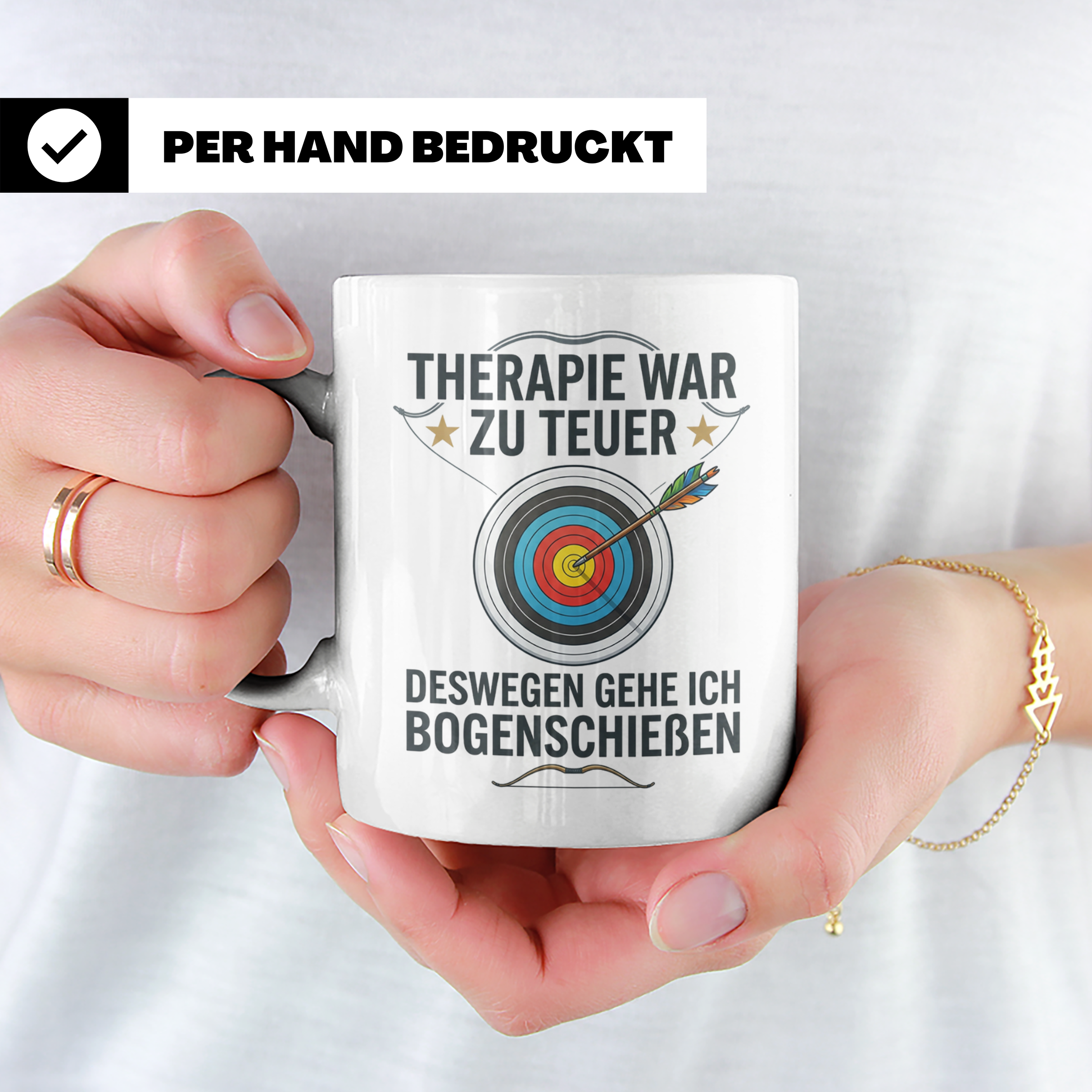 Bogenschießen Tasse mit Spruch Therapie war zu teuer | Lusti – Weiß [farbe:weiß]