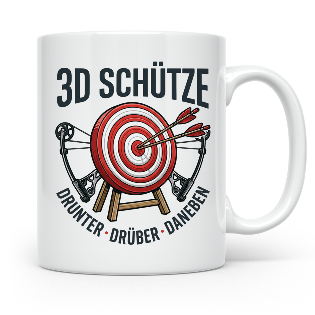 3D Schütze Tasse Drunter Drüber Daneben | Geschenk für Bogen – Weiß [farbe:weiß]