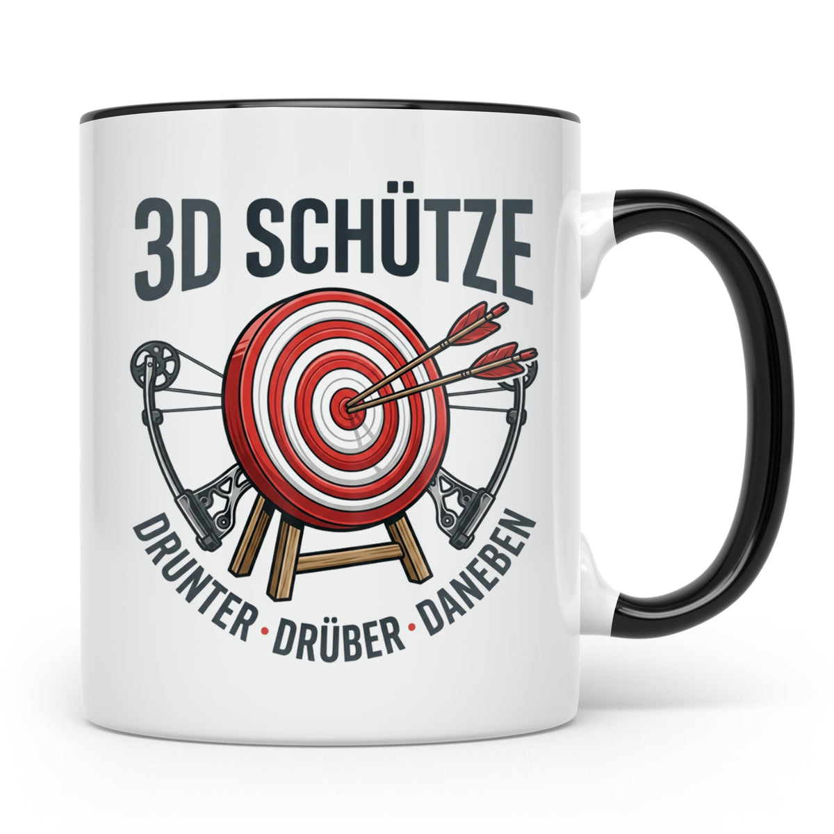 3D Schütze Tasse Drunter Drüber Daneben | Geschenk für Bogen – Schwarz [farbe:schwarz]