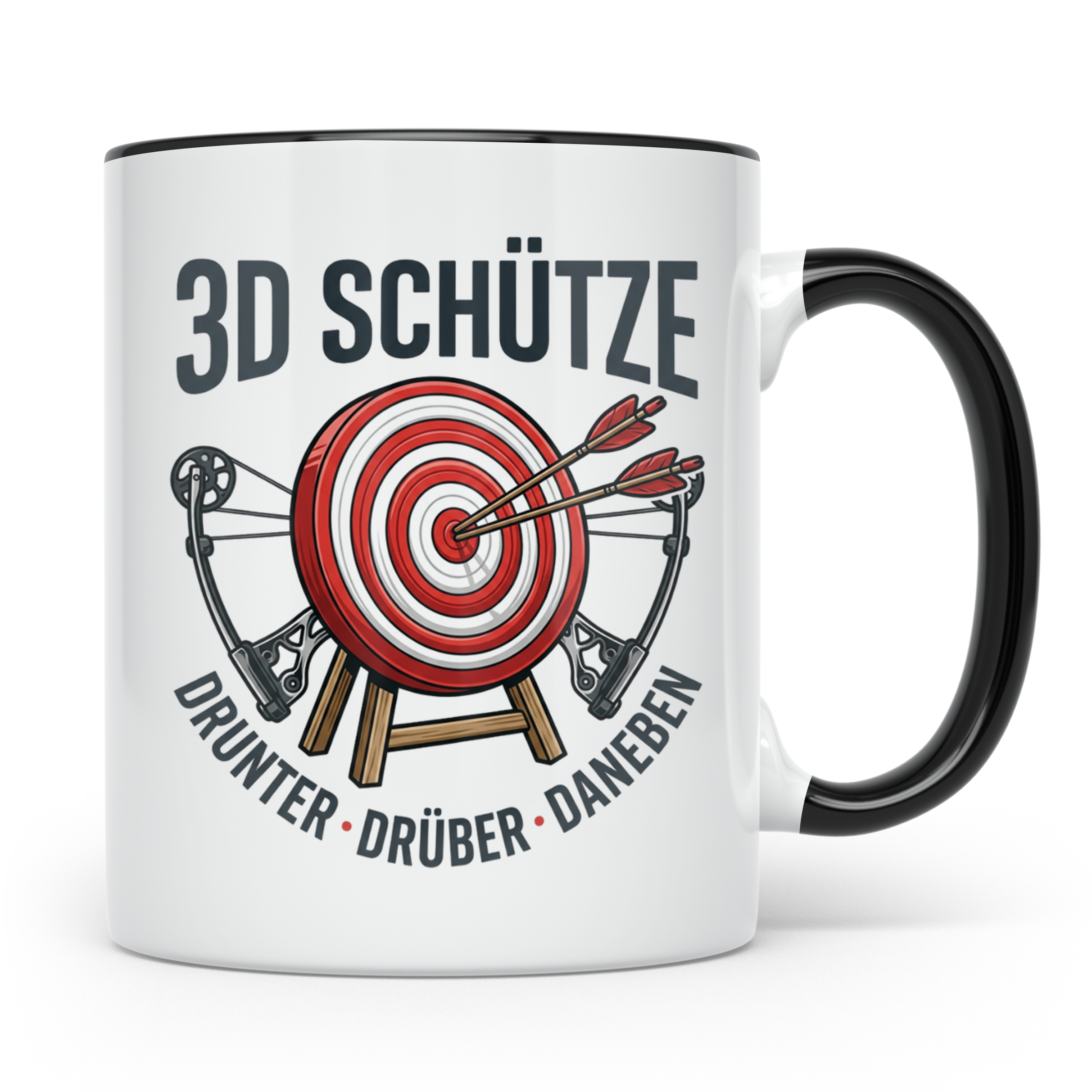 3D Schütze Tasse Drunter Drüber Daneben | Geschenk für Bogen – Schwarz [farbe:schwarz]