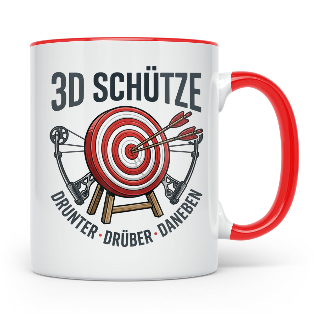 3D Schütze Tasse Drunter Drüber Daneben | Geschenk für Bogen – Rot [farbe:rot]