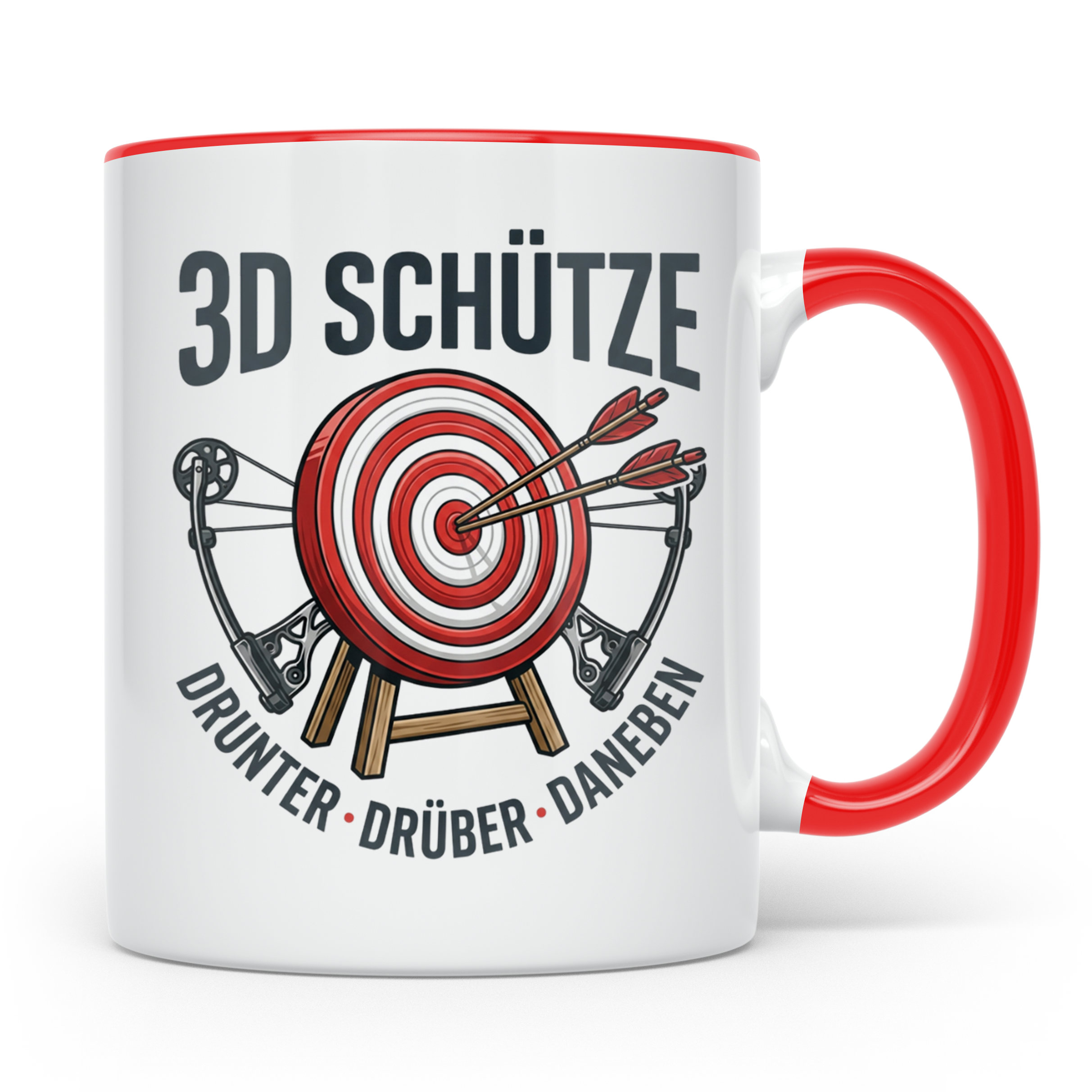 3D Schütze Tasse Drunter Drüber Daneben | Geschenk für Bogen – Rot [farbe:rot]