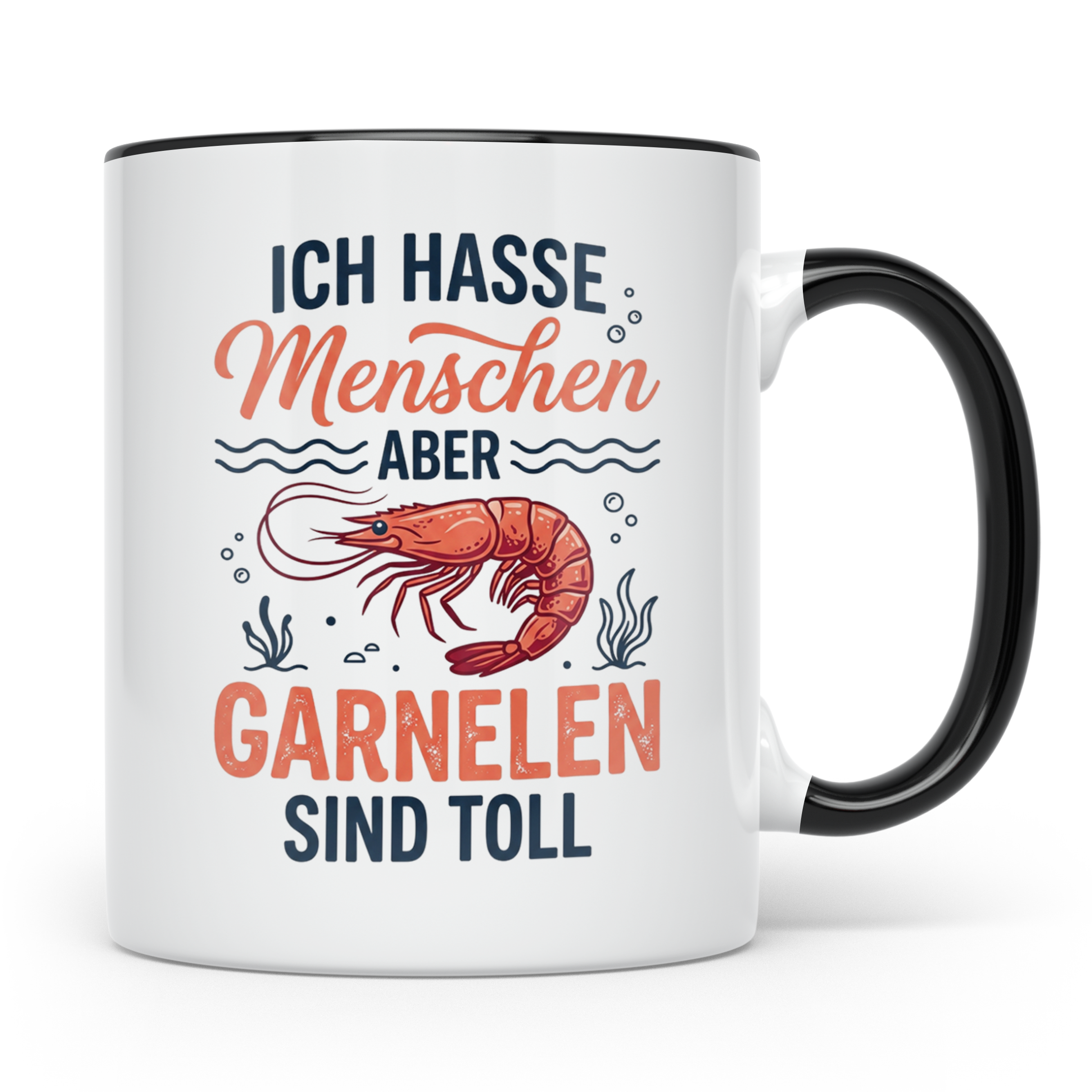 Garnelen Tasse mit Spruch Ich hasse Menschen, Geschenk für Z – Schwarz [farbe:schwarz]