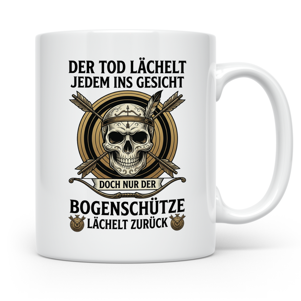Bogenschütze Tasse mit Spruch Der Tod lächelt zurück | Gesch – Weiß [farbe:weiß]