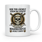 Bogenschütze Tasse mit Spruch Der Tod lächelt zurück | Gesch – Weiß [farbe:weiß]