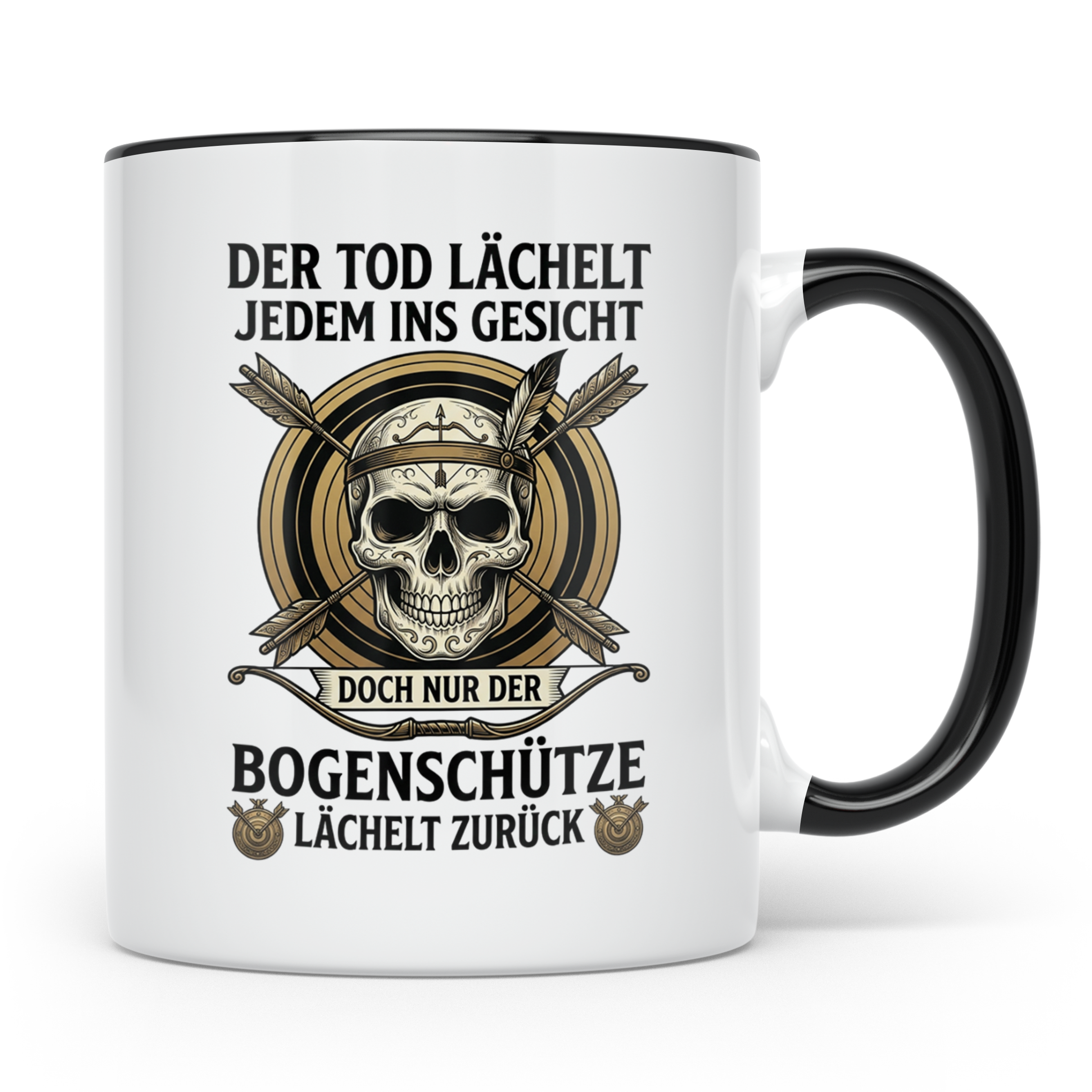 Bogenschütze Tasse mit Spruch Der Tod lächelt zurück | Gesch – Schwarz [farbe:schwarz]
