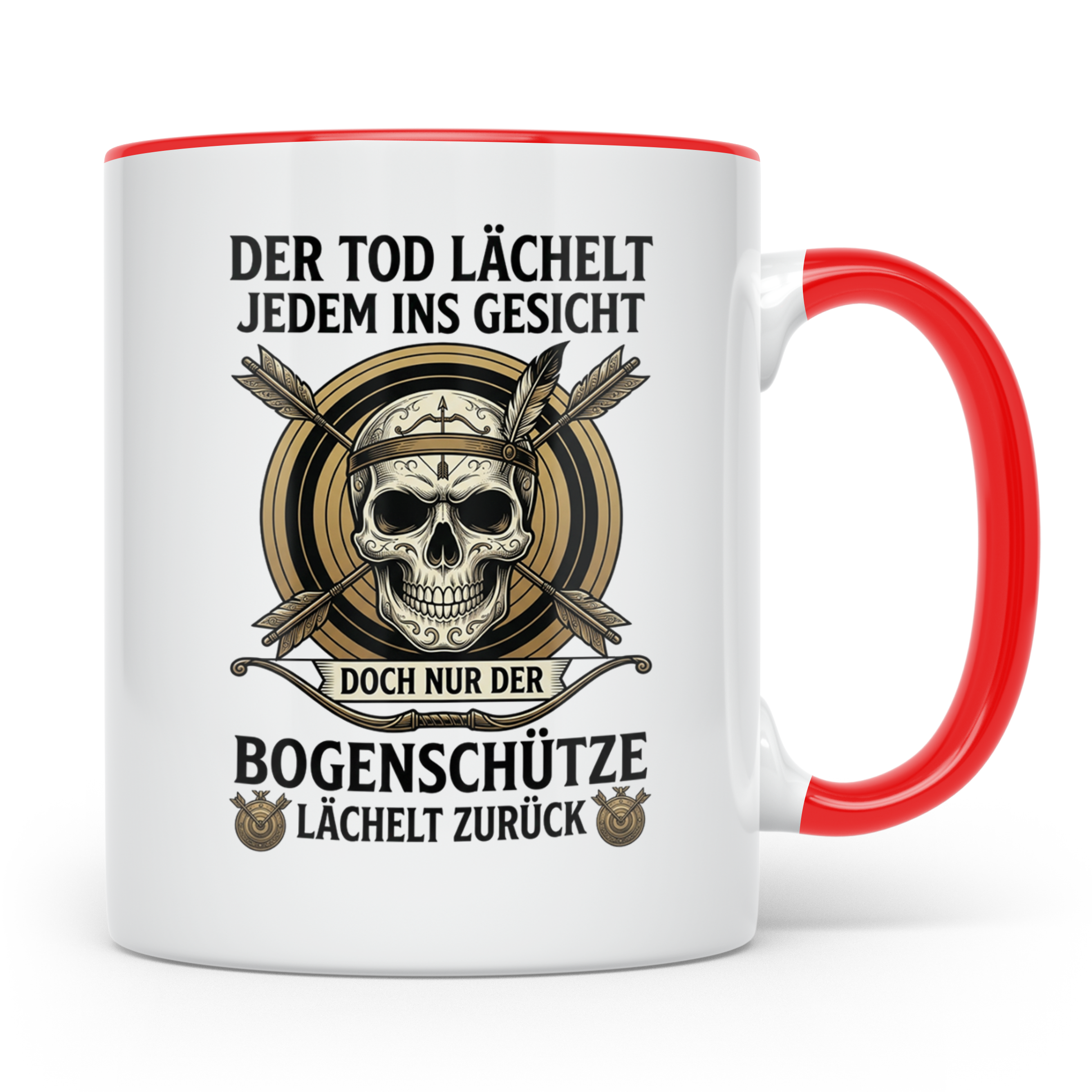 Bogenschütze Tasse mit Spruch Der Tod lächelt zurück | Gesch – Rot [farbe:rot]