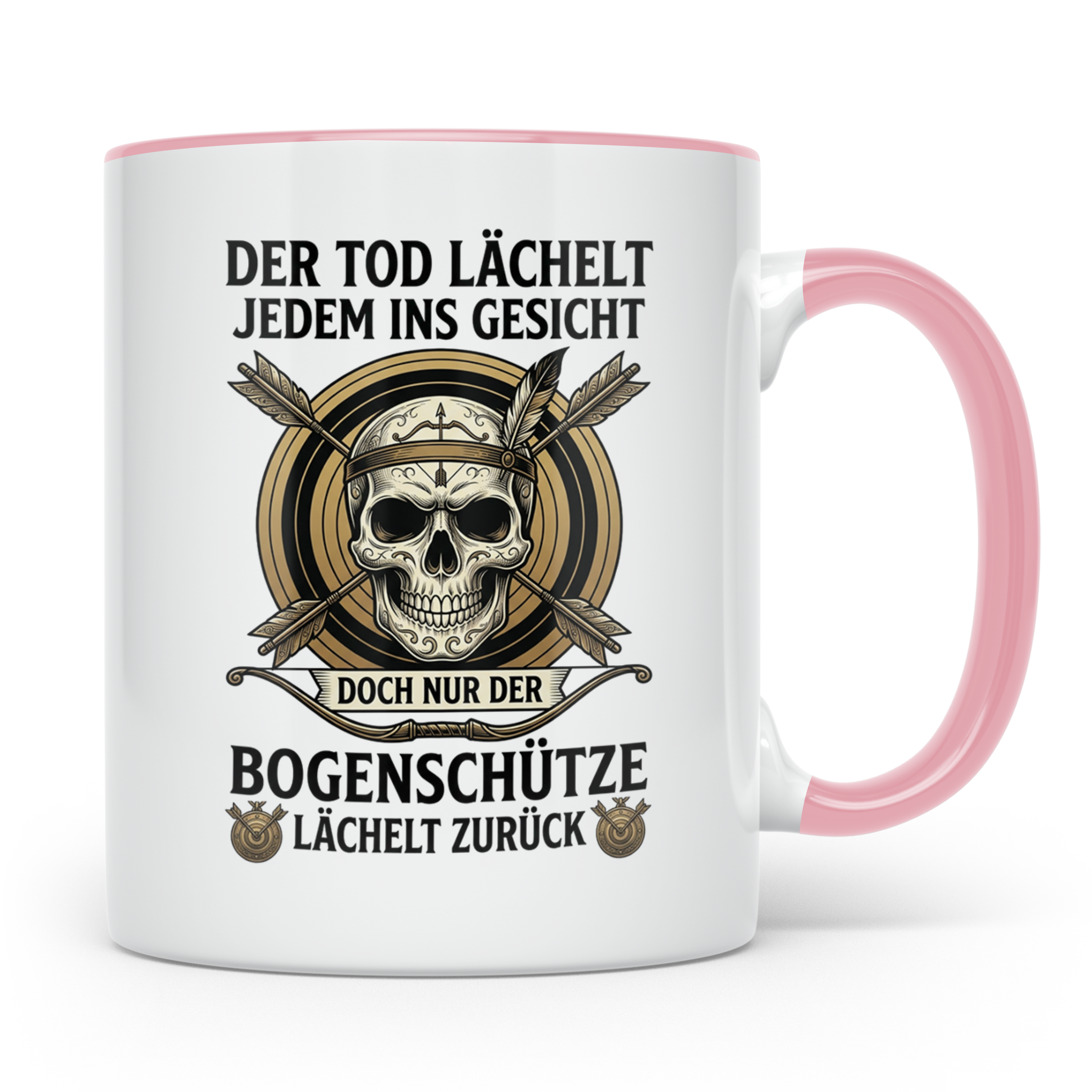 Bogenschütze Tasse mit Spruch Der Tod lächelt zurück | Gesch – Rosa [farbe:rosa]