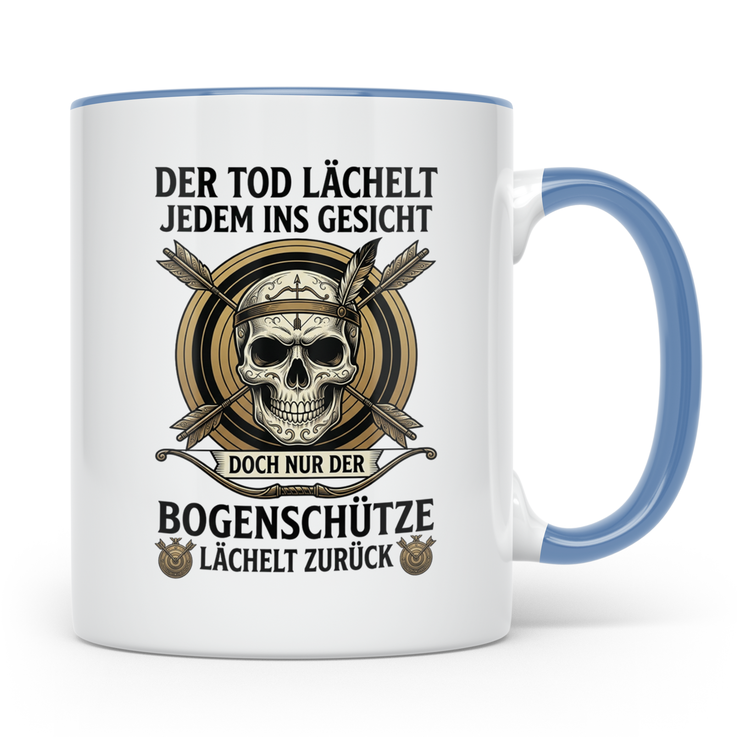 Bogenschütze Tasse mit Spruch Der Tod lächelt zurück | Gesch – Blau [farbe:blau]