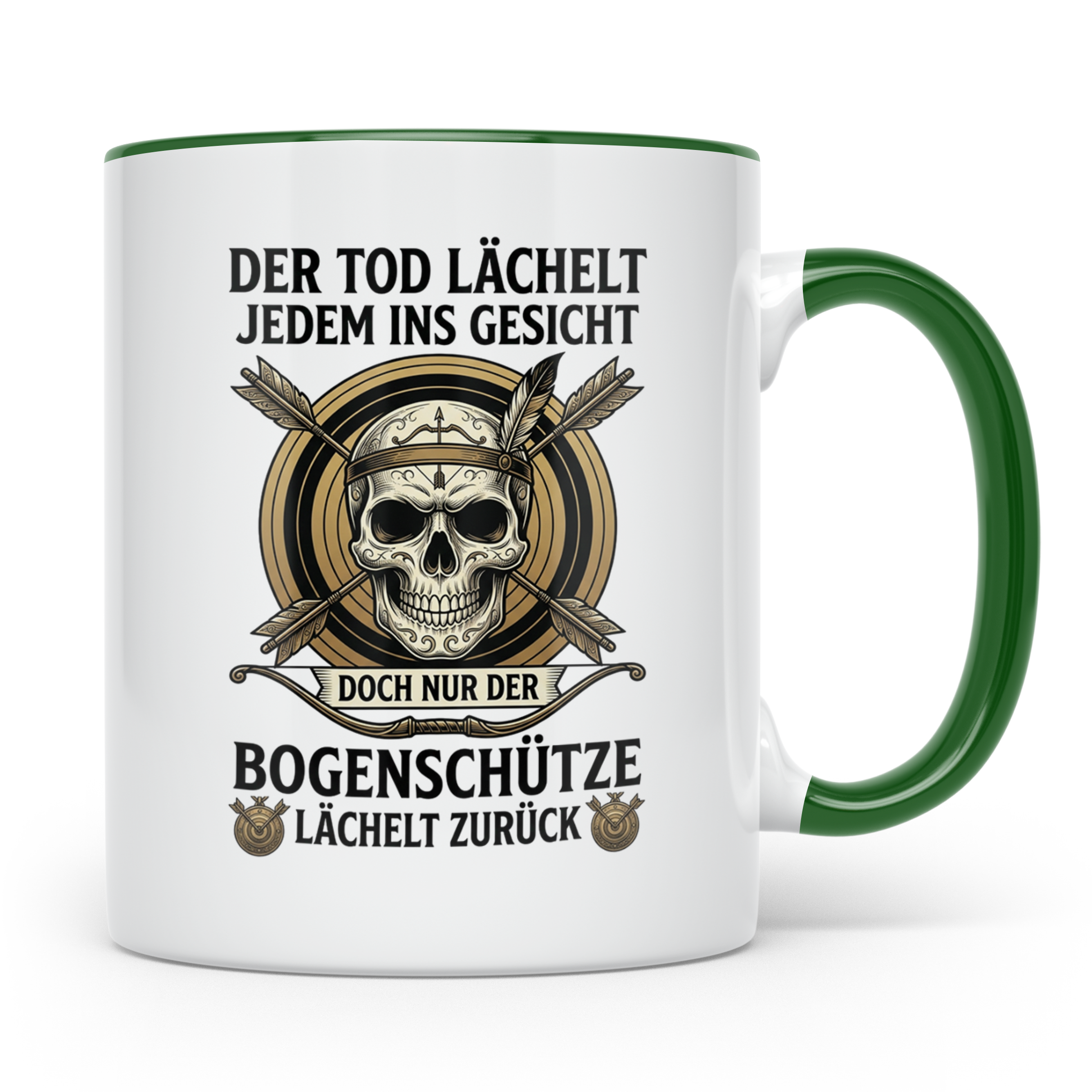 Bogenschütze Tasse mit Spruch Der Tod lächelt zurück | Gesch – Grün [farbe:grün]