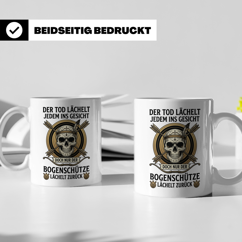 Bogenschütze Tasse mit Spruch Der Tod lächelt zurück | Gesch – Weiß [farbe:weiß]