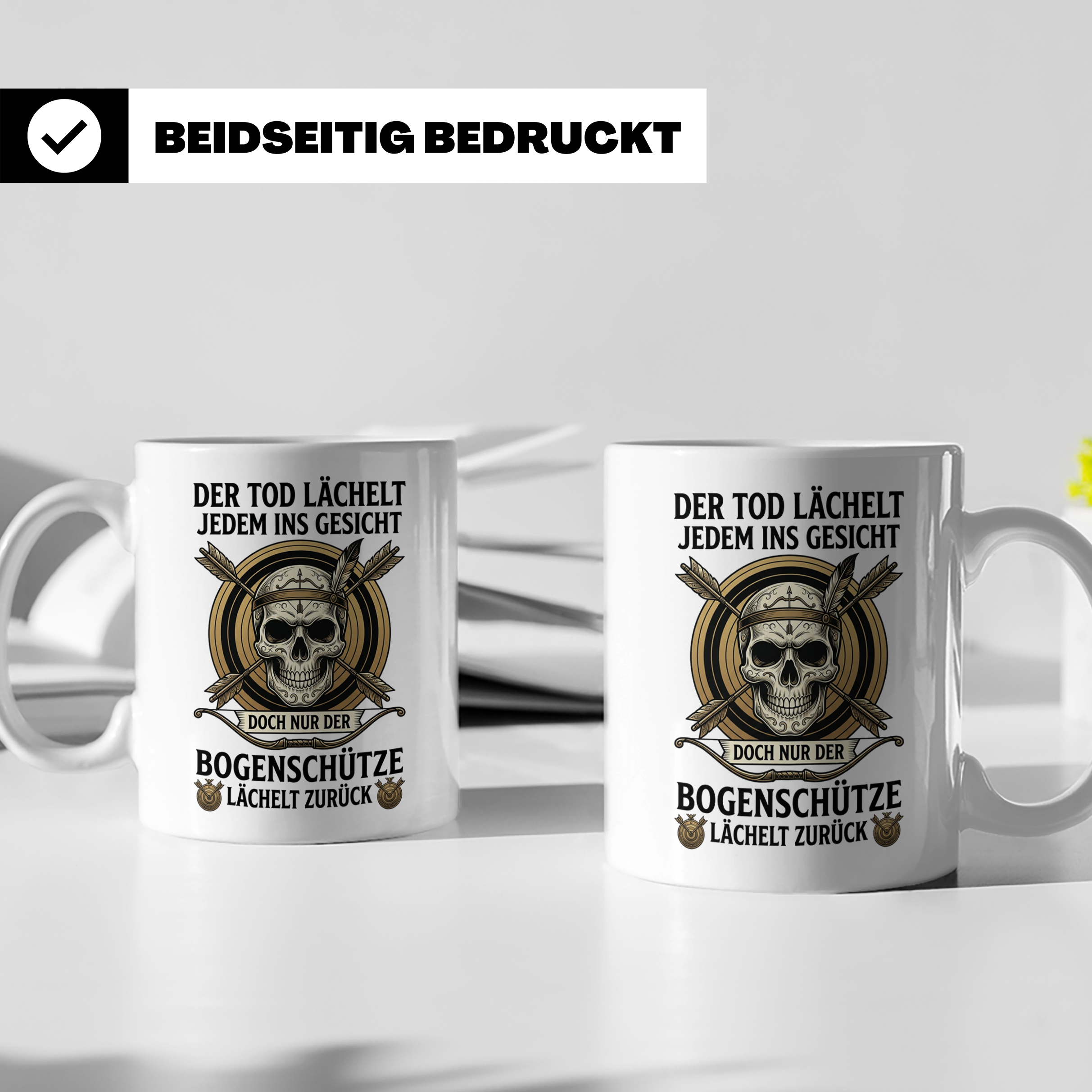 Bogenschütze Tasse mit Spruch Der Tod lächelt zurück | Gesch – Weiß [farbe:weiß]