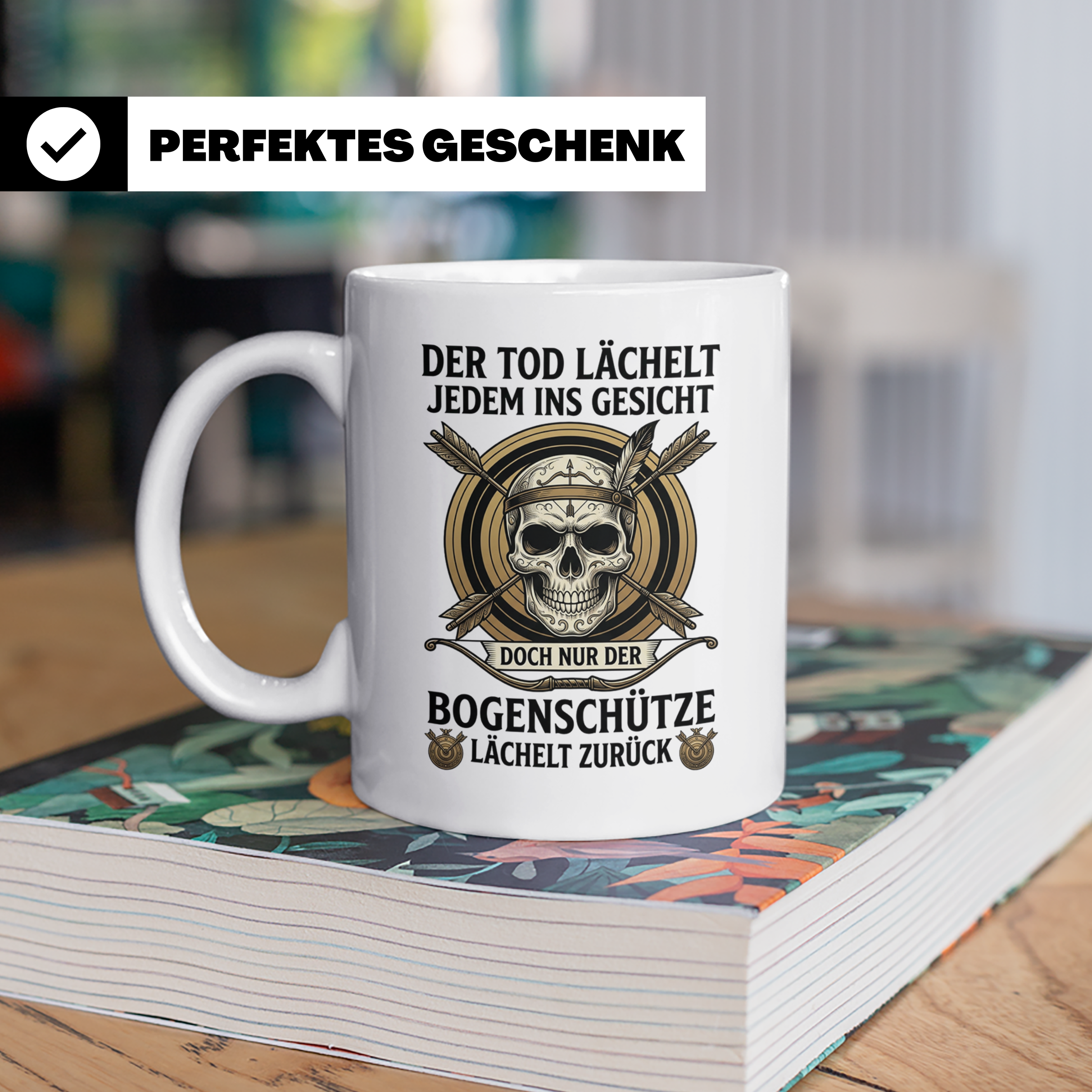 Bogenschütze Tasse mit Spruch Der Tod lächelt zurück | Gesch – Weiß [farbe:weiß]