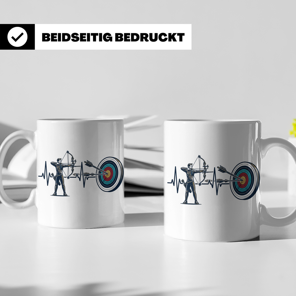 Bogenschießen Tasse Herzschlag, Bogenschütze mit Pfeil und B – Weiß [farbe:weiß]