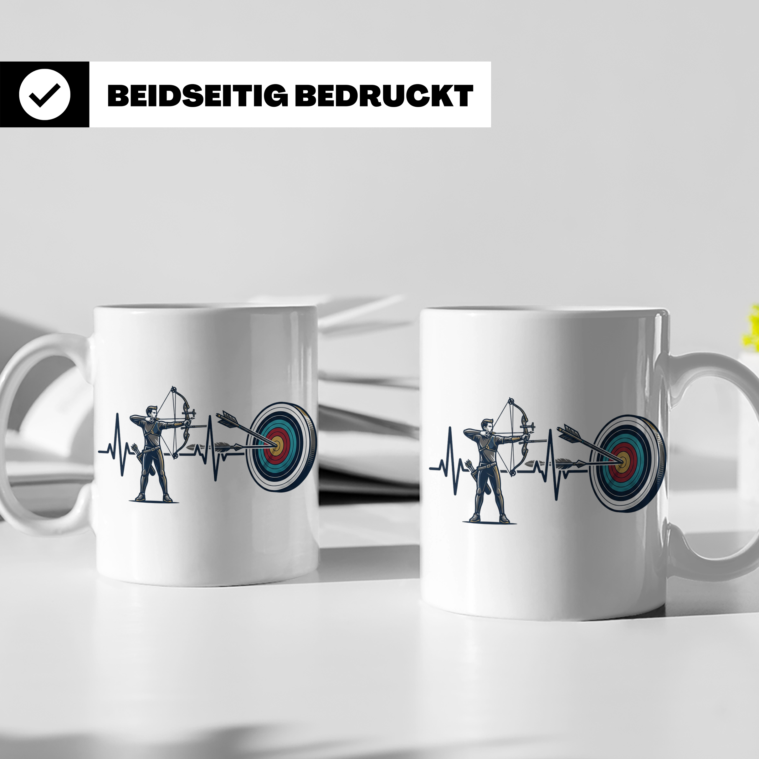 Bogenschießen Tasse Herzschlag, Bogenschütze mit Pfeil und B – Weiß [farbe:weiß]