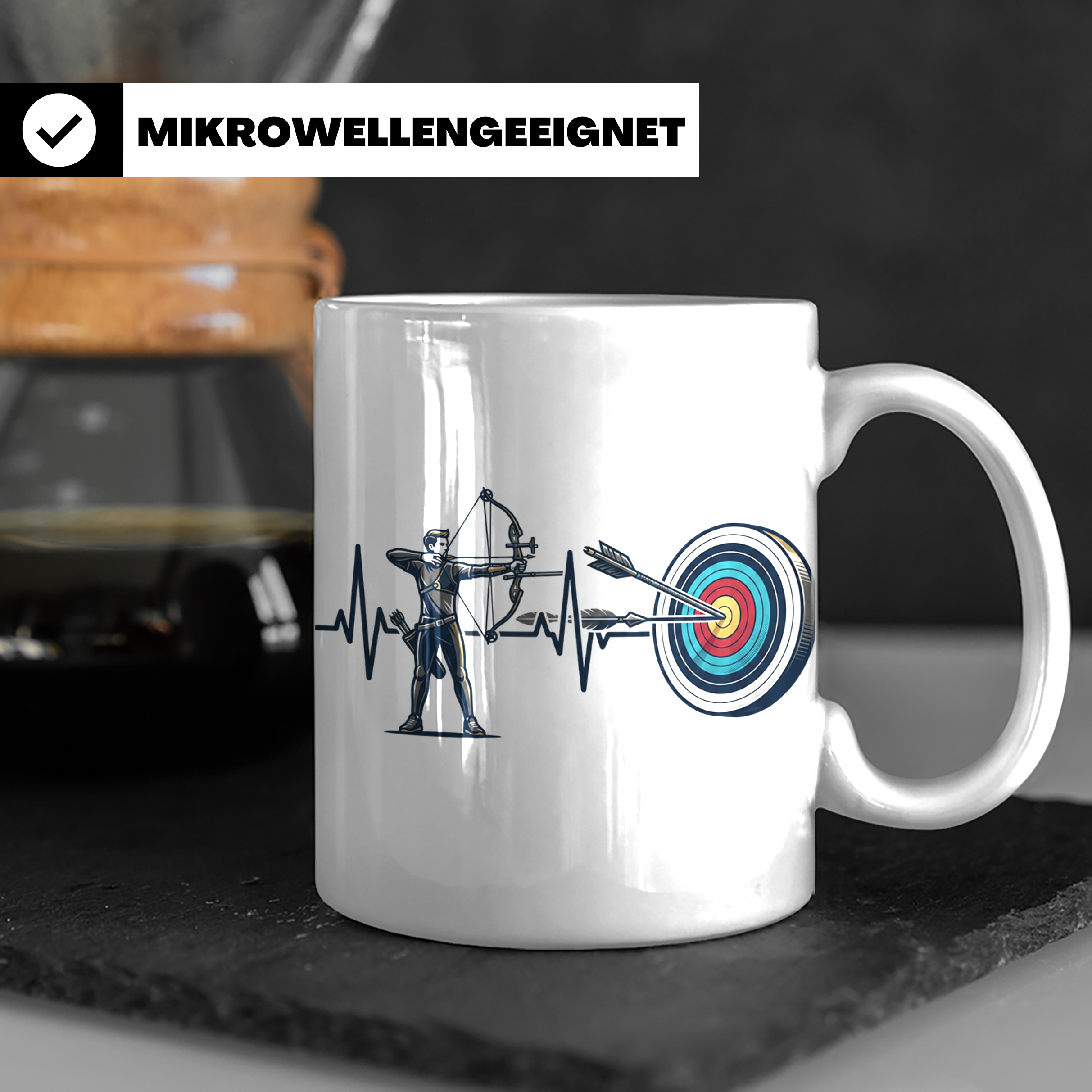 Bogenschießen Tasse Herzschlag, Bogenschütze mit Pfeil und B – Weiß [farbe:weiß]