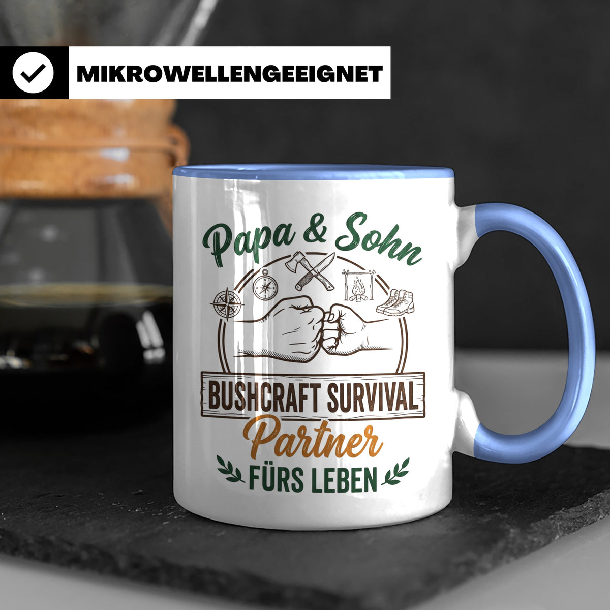 Papa & Sohn Bushcraft Tasse, Survival Partner fürs Leben, Ou – Blau [farbe:blau]