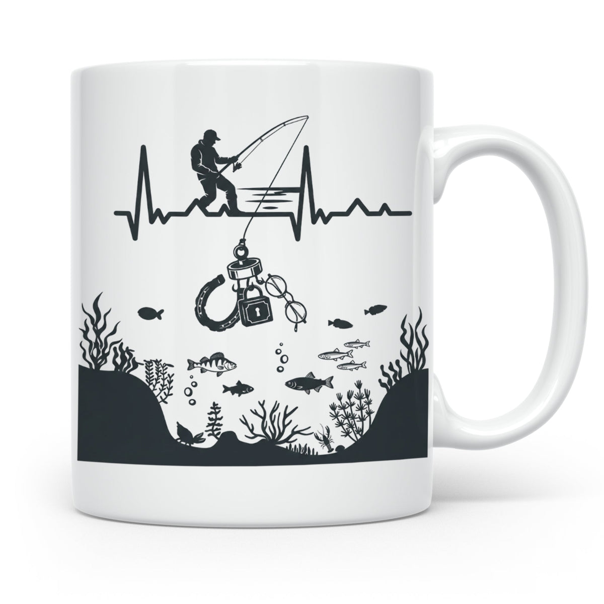 Magnetfischer Tasse mit Herzschlag für Angler, Sondengänger  – Weiß [farbe:weiß]