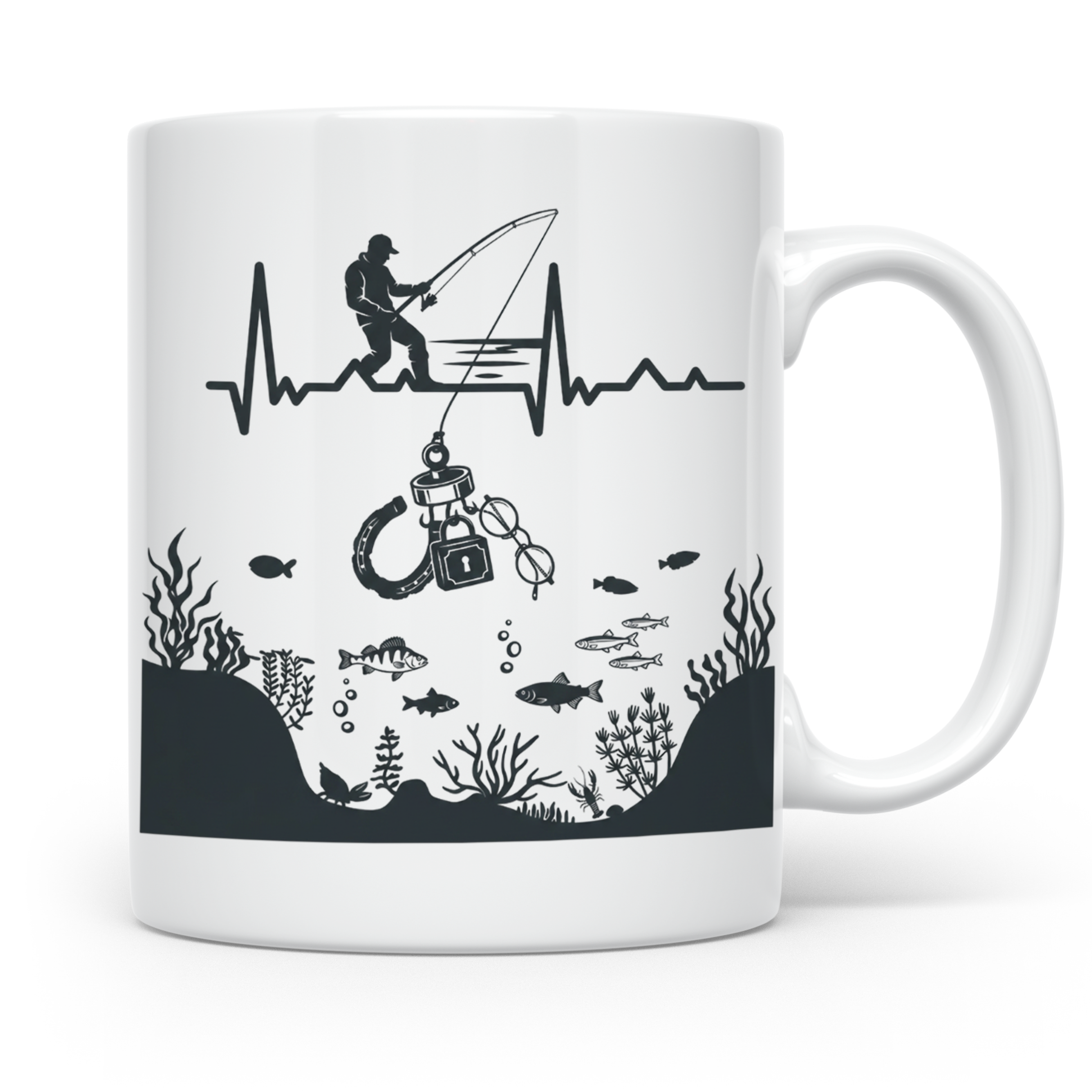 Magnetfischer Tasse mit Herzschlag für Angler, Sondengänger  – Weiß [farbe:weiß]