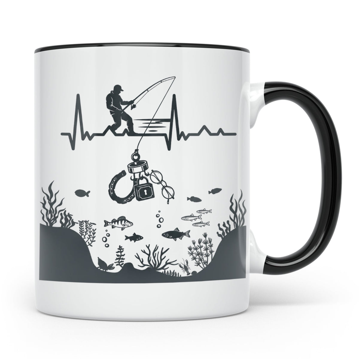 Magnetfischer Tasse mit Herzschlag für Angler, Sondengänger  – Schwarz [farbe:schwarz]