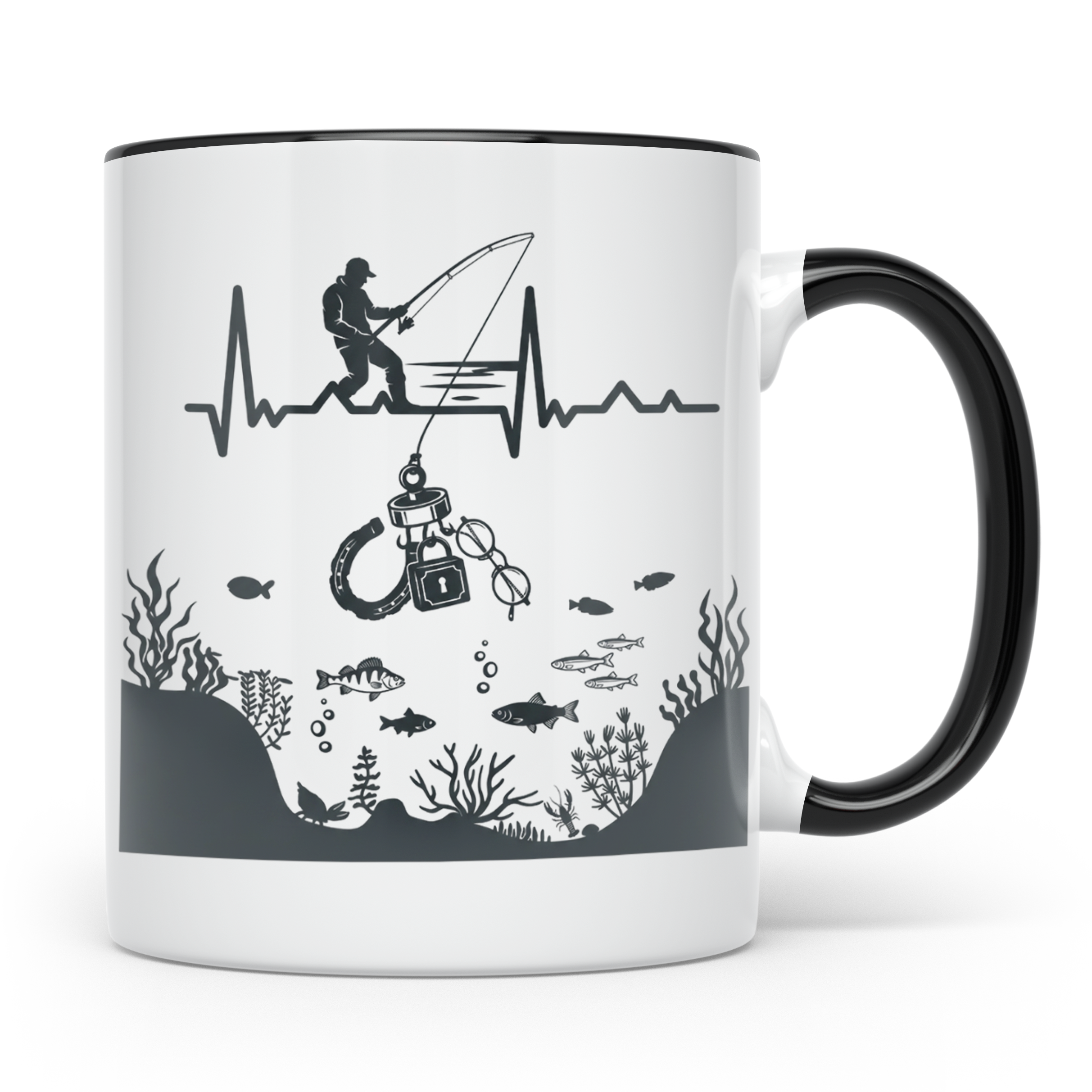 Magnetfischer Tasse mit Herzschlag für Angler, Sondengänger  – Schwarz [farbe:schwarz]