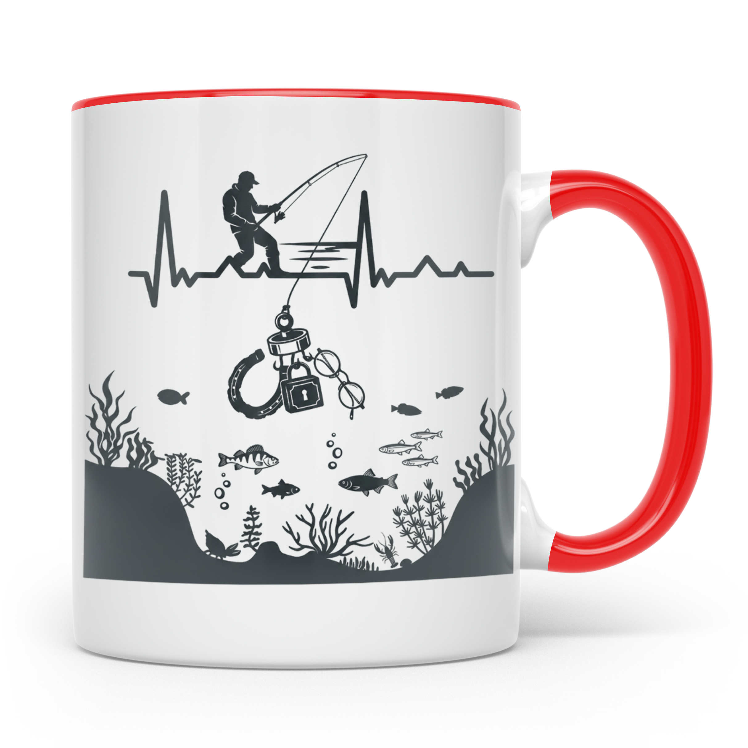 Magnetfischer Tasse mit Herzschlag für Angler, Sondengänger  – Rot [farbe:rot]