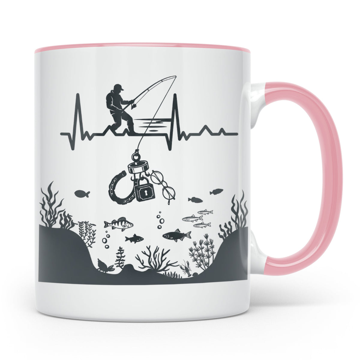 Magnetfischer Tasse mit Herzschlag für Angler, Sondengänger  – Rosa [farbe:rosa]